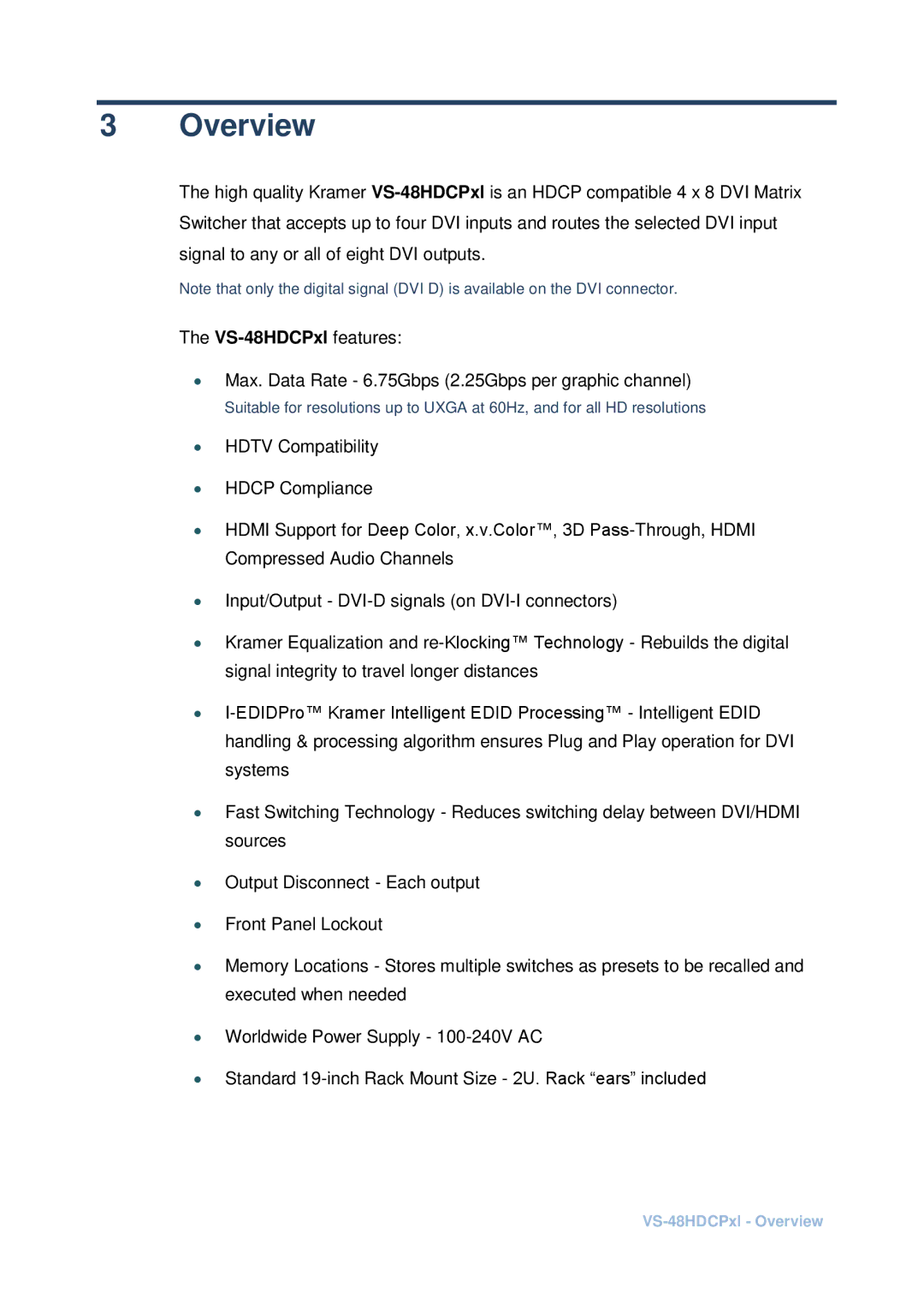 Kramer Electronics vs-48hdcpx1 user manual Overview 