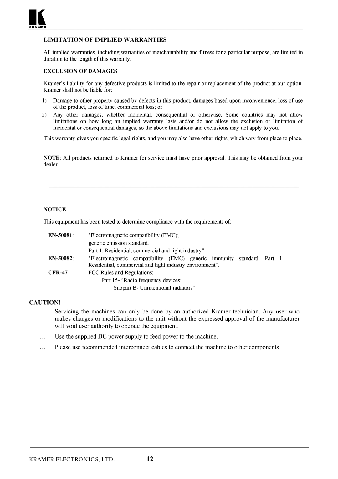 Kramer Electronics VS-4X4 user manual Limitation of Implied Warranties, Exclusion of Damages 