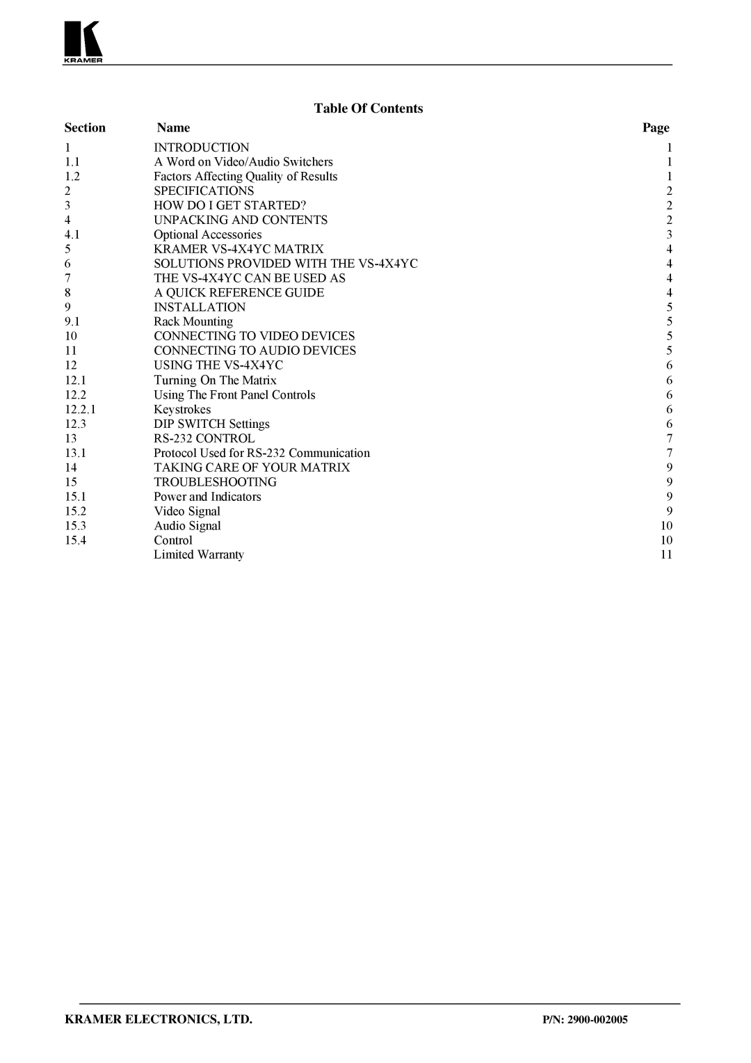 Kramer Electronics VS-4X4 user manual Table Of Contents 