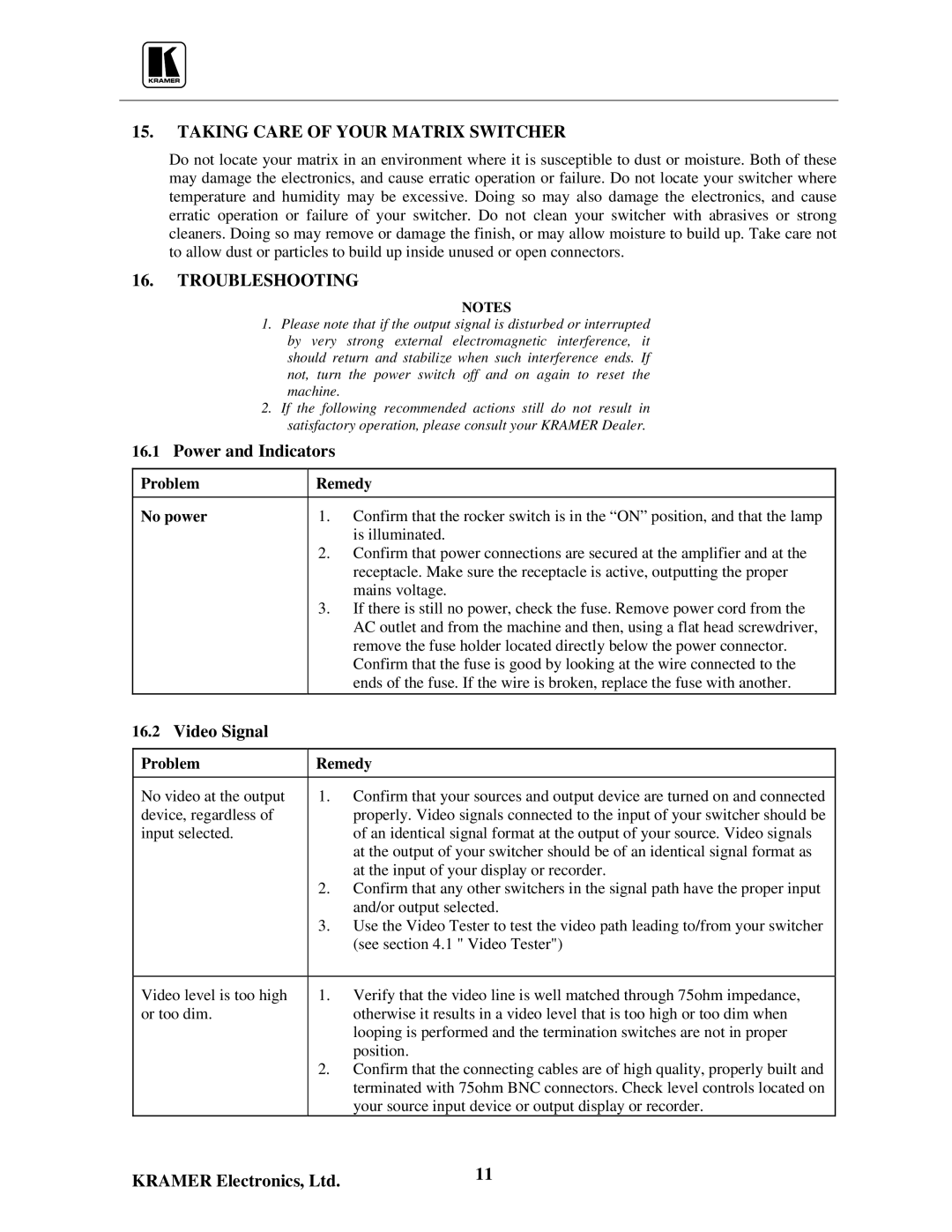 Kramer Electronics VS-5x4 Taking Care of Your Matrix Switcher, Troubleshooting, Power and Indicators, Video Signal 