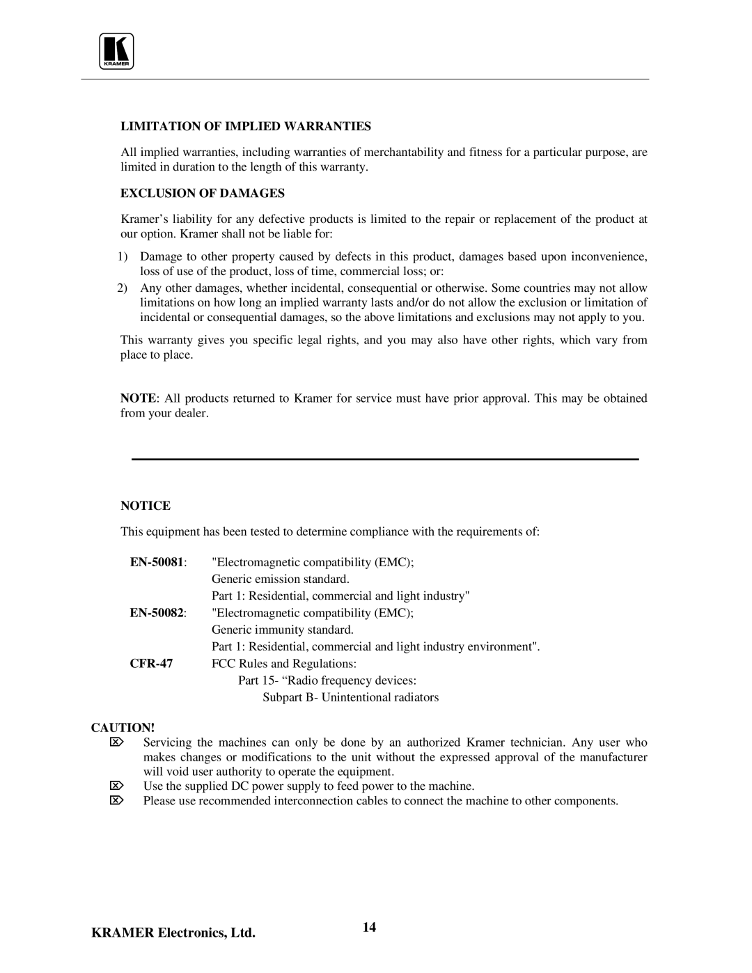 Kramer Electronics VS-5x4 user manual Limitation of Implied Warranties, Exclusion of Damages 