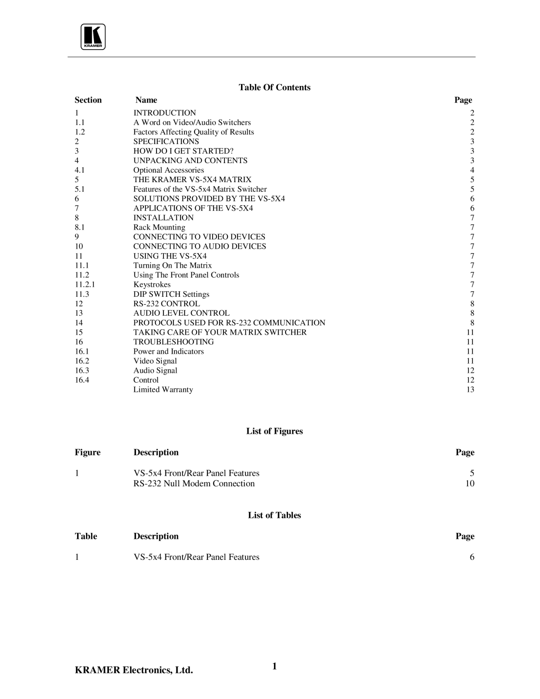 Kramer Electronics VS-5x4 user manual Table Of Contents, List of Figures Description, List of Tables Description 