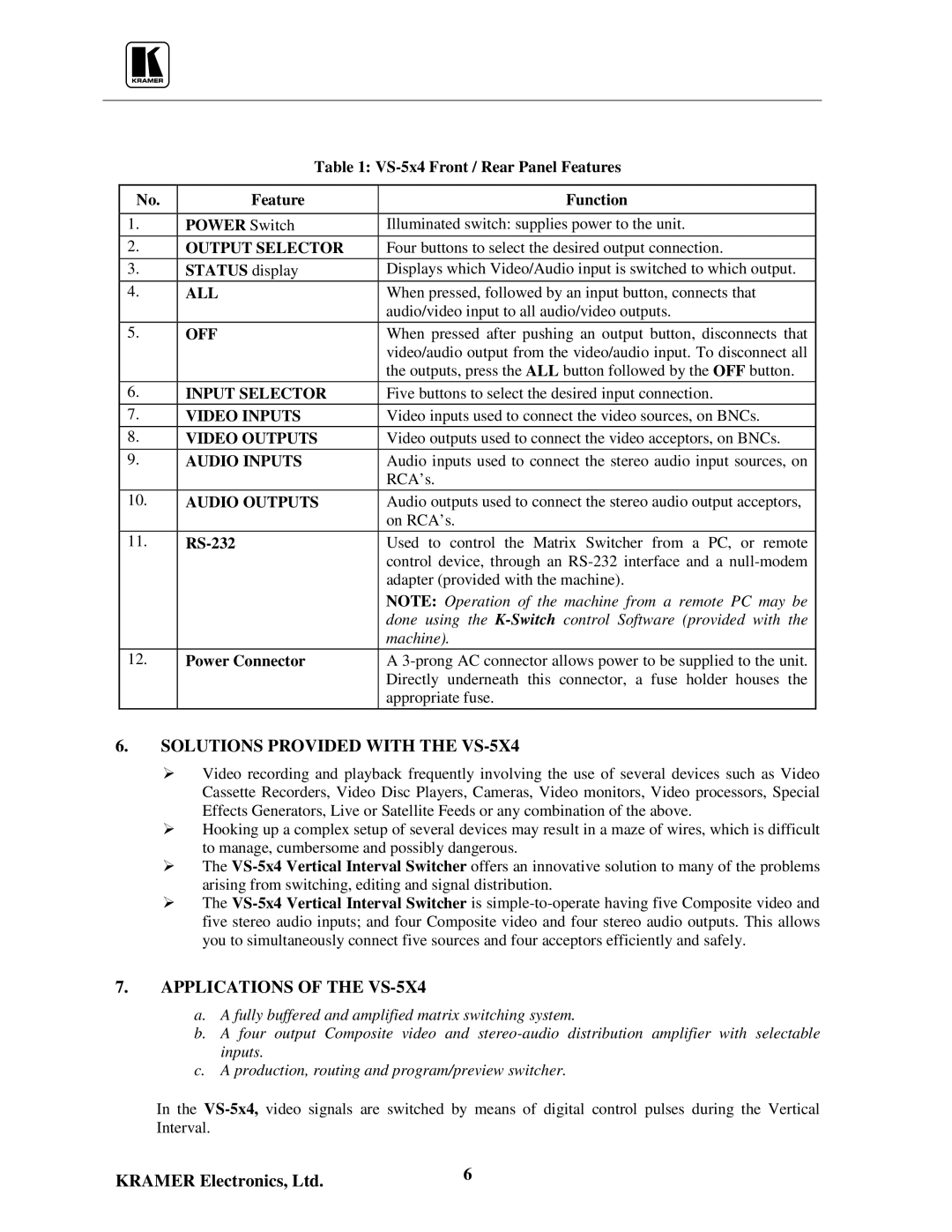 Kramer Electronics VS-5x4 user manual Solutions Provided with the VS-5X4, Applications of the VS-5X4 