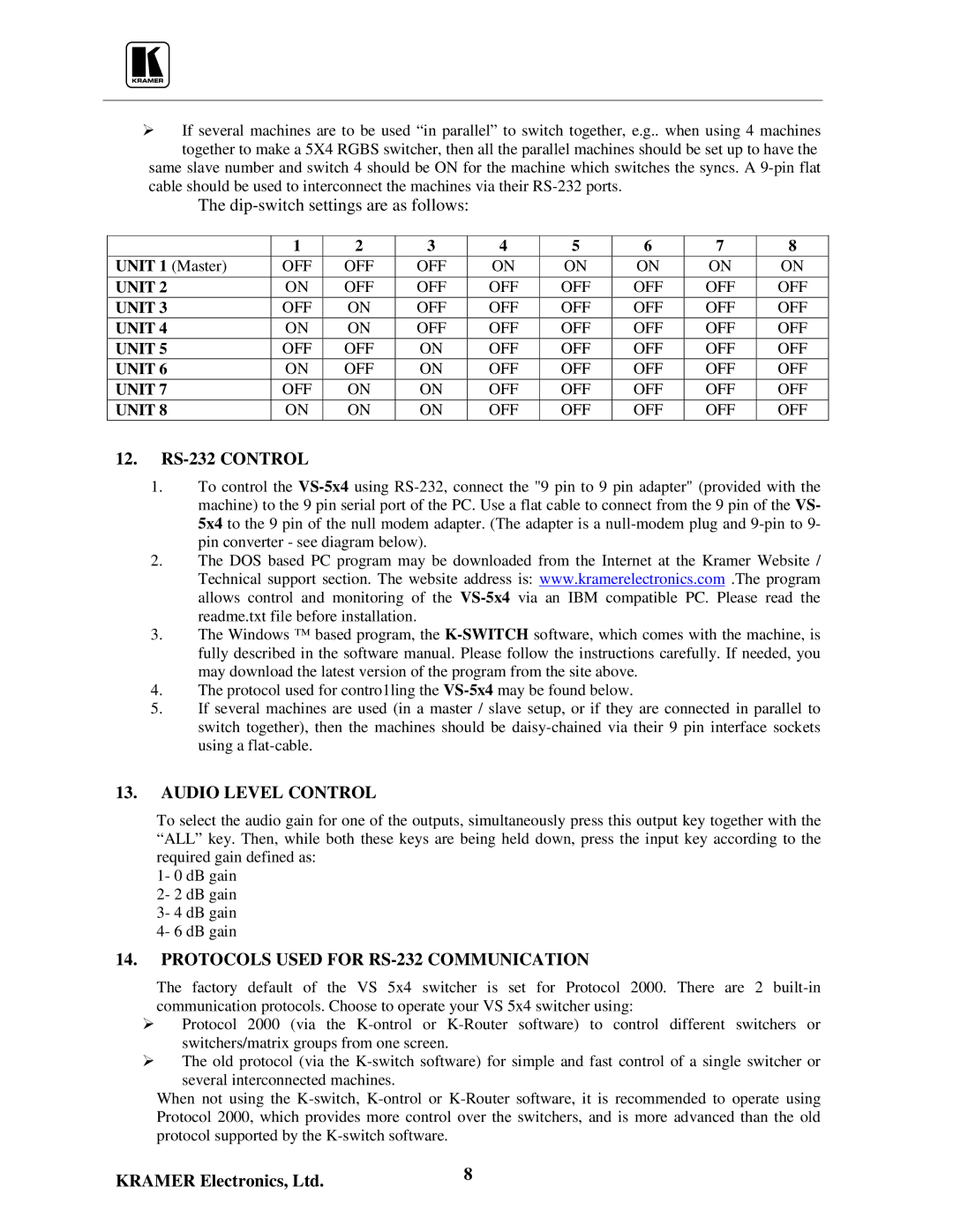 Kramer Electronics VS-5x4 user manual RS-232 Control, Audio Level Control, Protocols Used for RS-232 Communication, Unit 