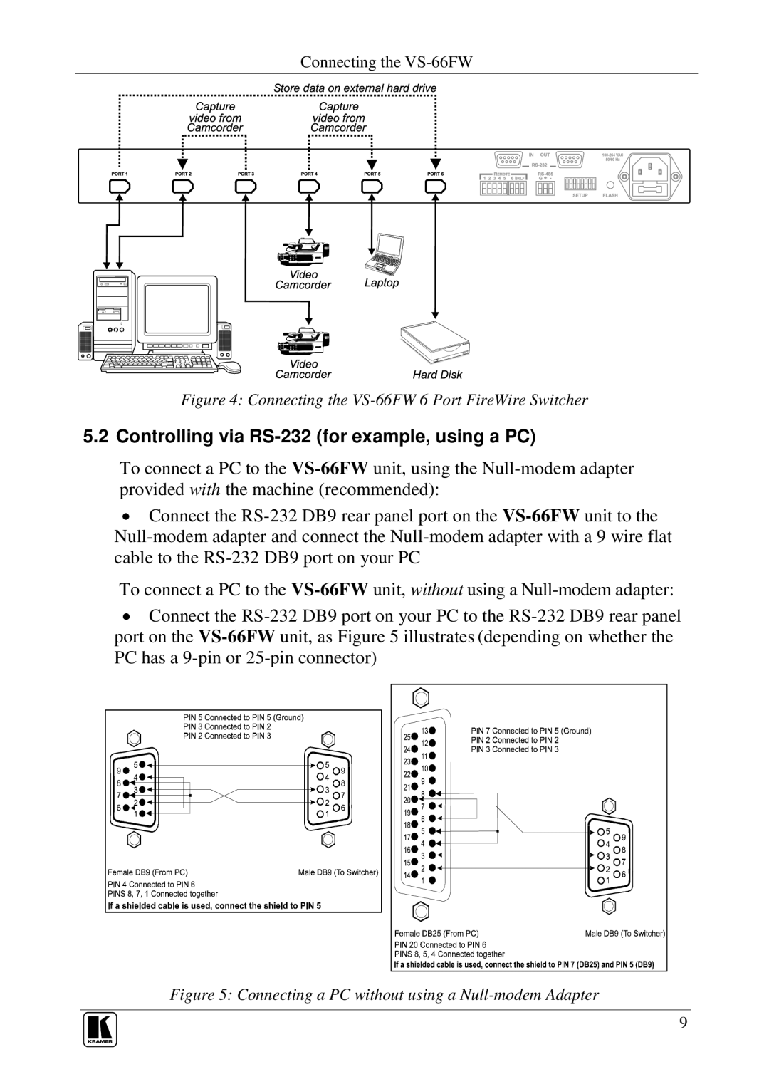 Kramer Electronics Controlling via RS-232 for example, using a PC, Connecting the VS-66FW 6 Port FireWire Switcher 