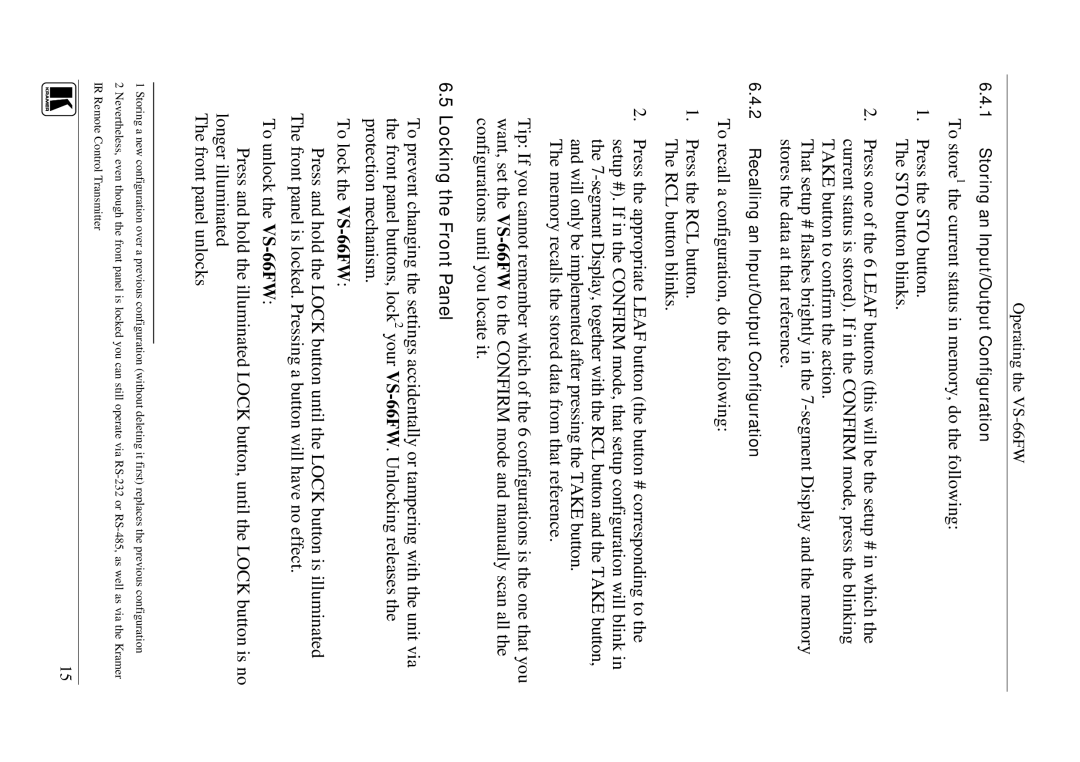 Kramer Electronics VS-66FW user manual Locking the Front Panel 