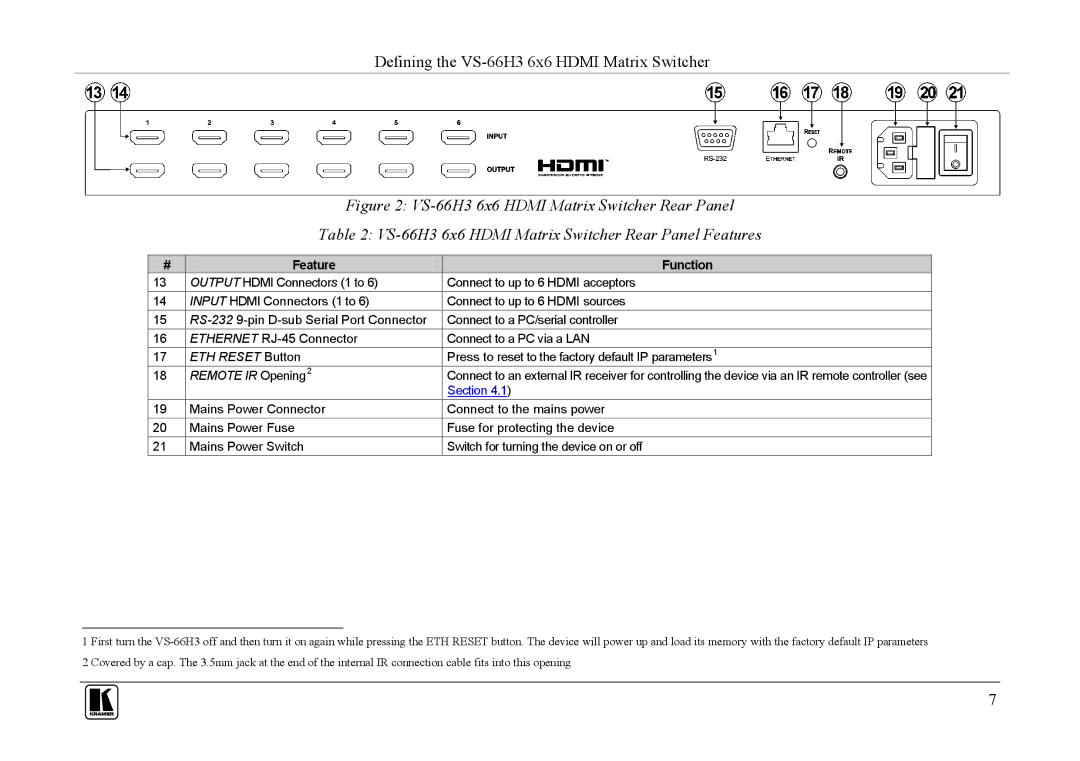 Kramer Electronics VS-66H3 user manual ETH Reset Button 