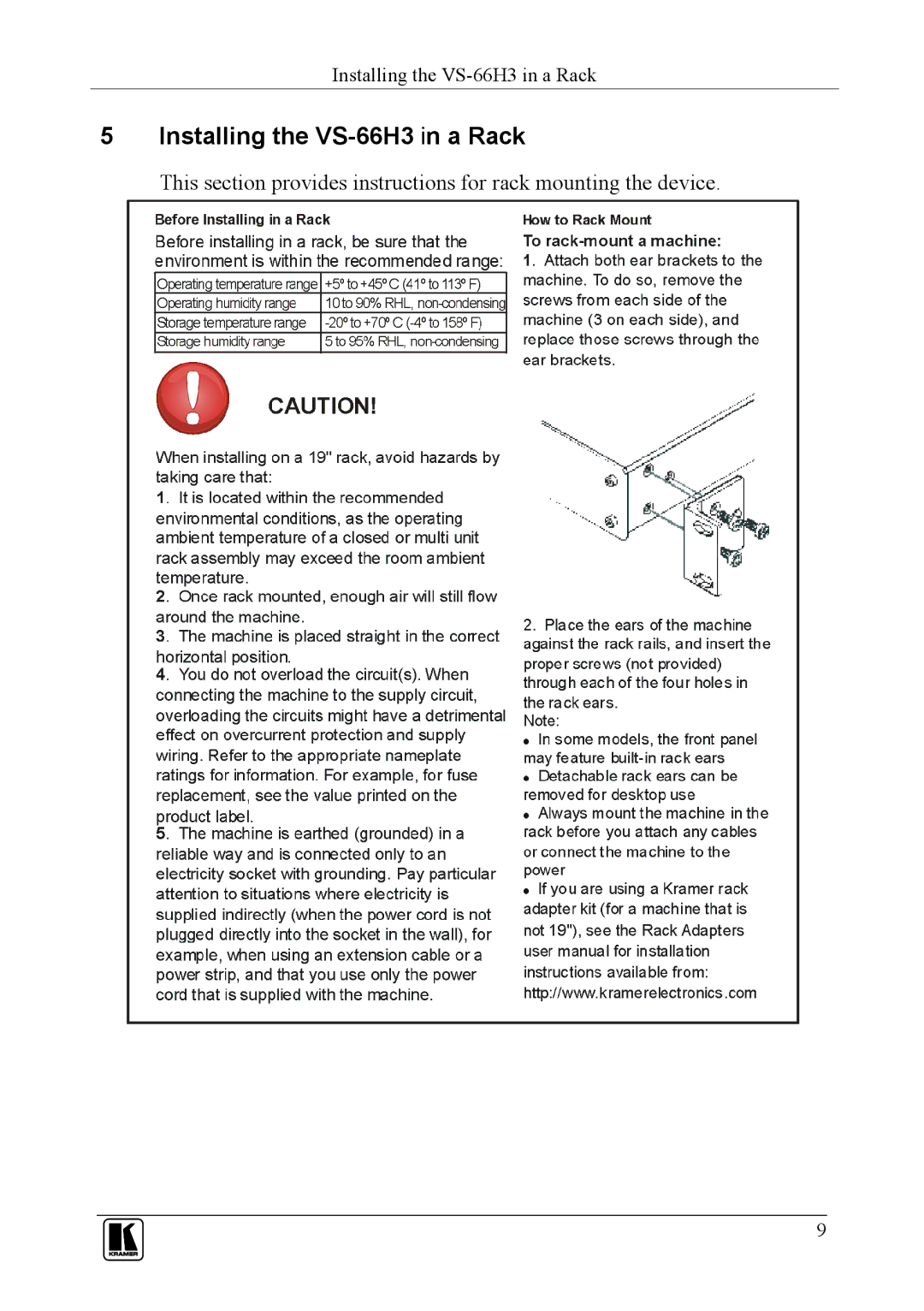 Kramer Electronics user manual Installing the VS-66H3 in a Rack 