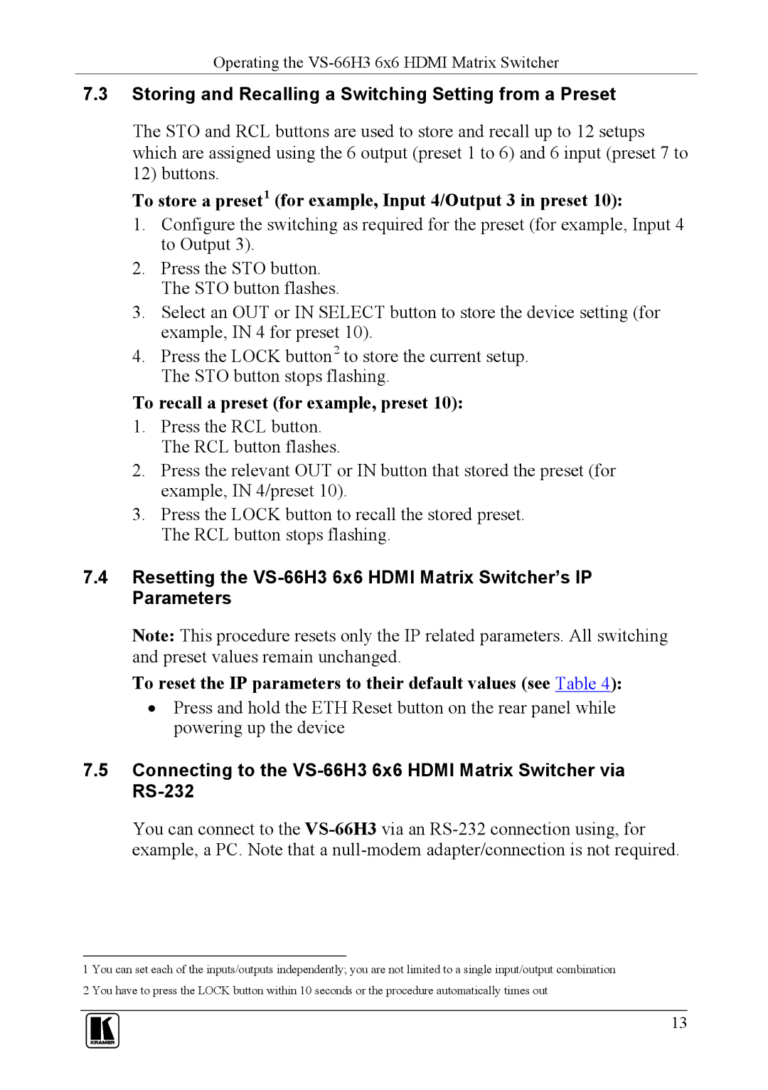 Kramer Electronics VS-66H3 user manual Storing and Recalling a Switching Setting from a Preset 