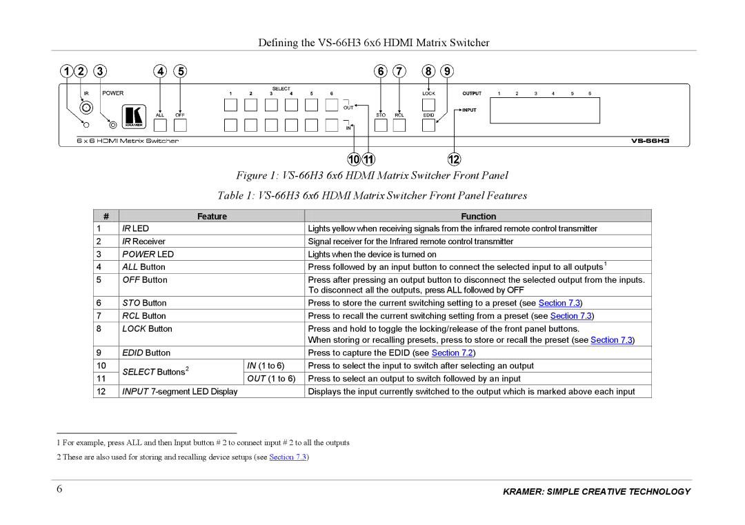 Kramer Electronics VS-66H3 user manual Feature Function 