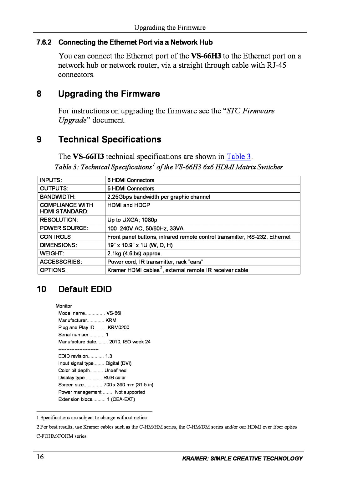 Kramer Electronics VS-66H3 user manual 8Upgrading the Firmware, 9Technical Specifications, Default EDID 