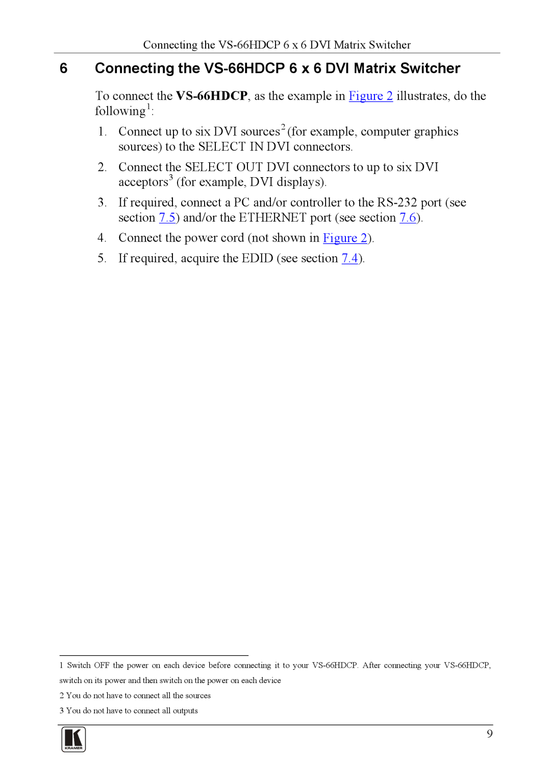 Kramer Electronics VS-66hdcp user manual Connecting the VS-66HDCP 6 x 6 DVI Matrix Switcher 