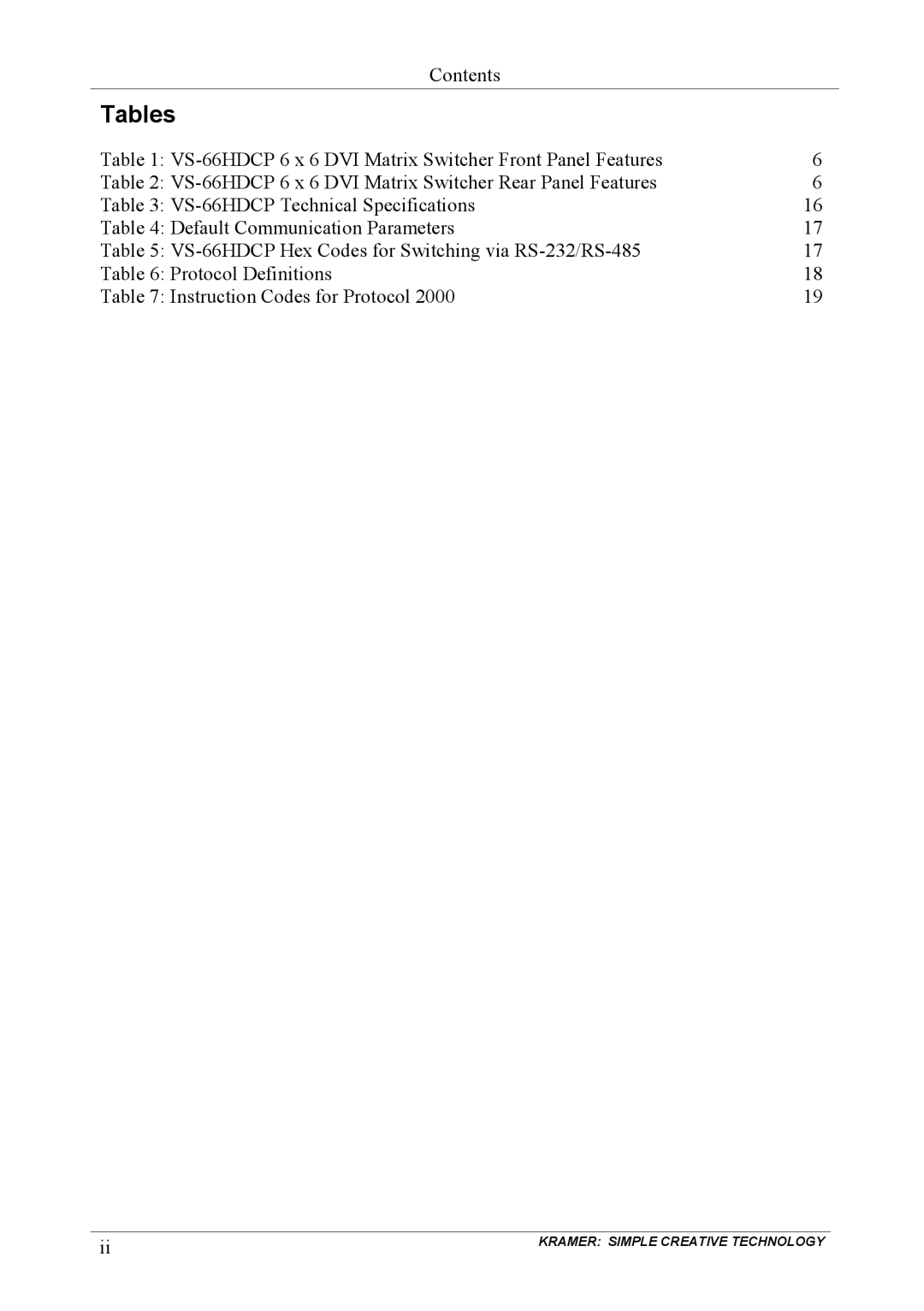 Kramer Electronics VS-66hdcp user manual Tables 