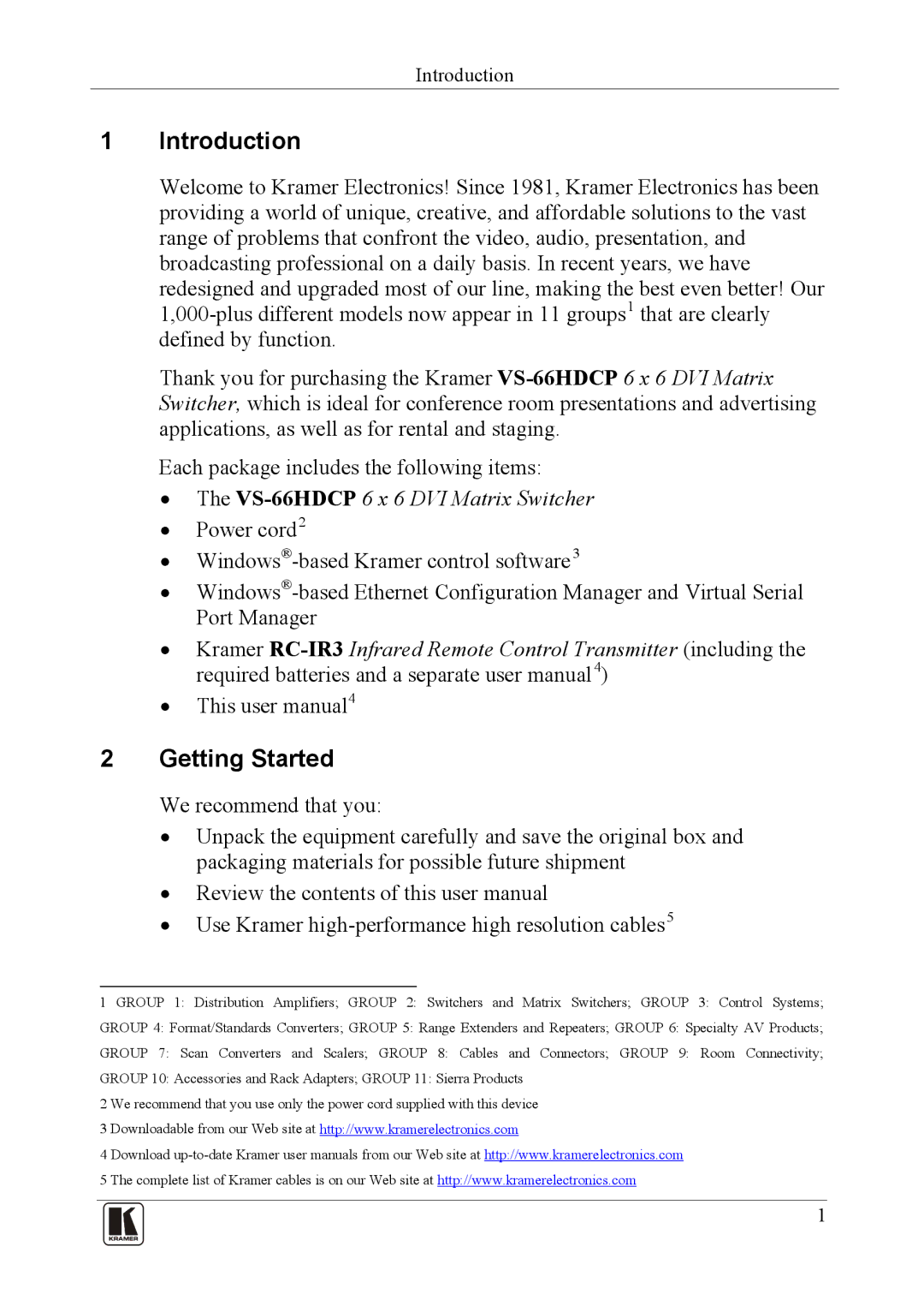 Kramer Electronics VS-66hdcp user manual Introduction, Getting Started 