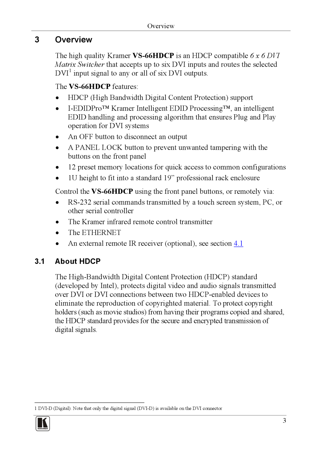 Kramer Electronics VS-66hdcp user manual Overview, About Hdcp 