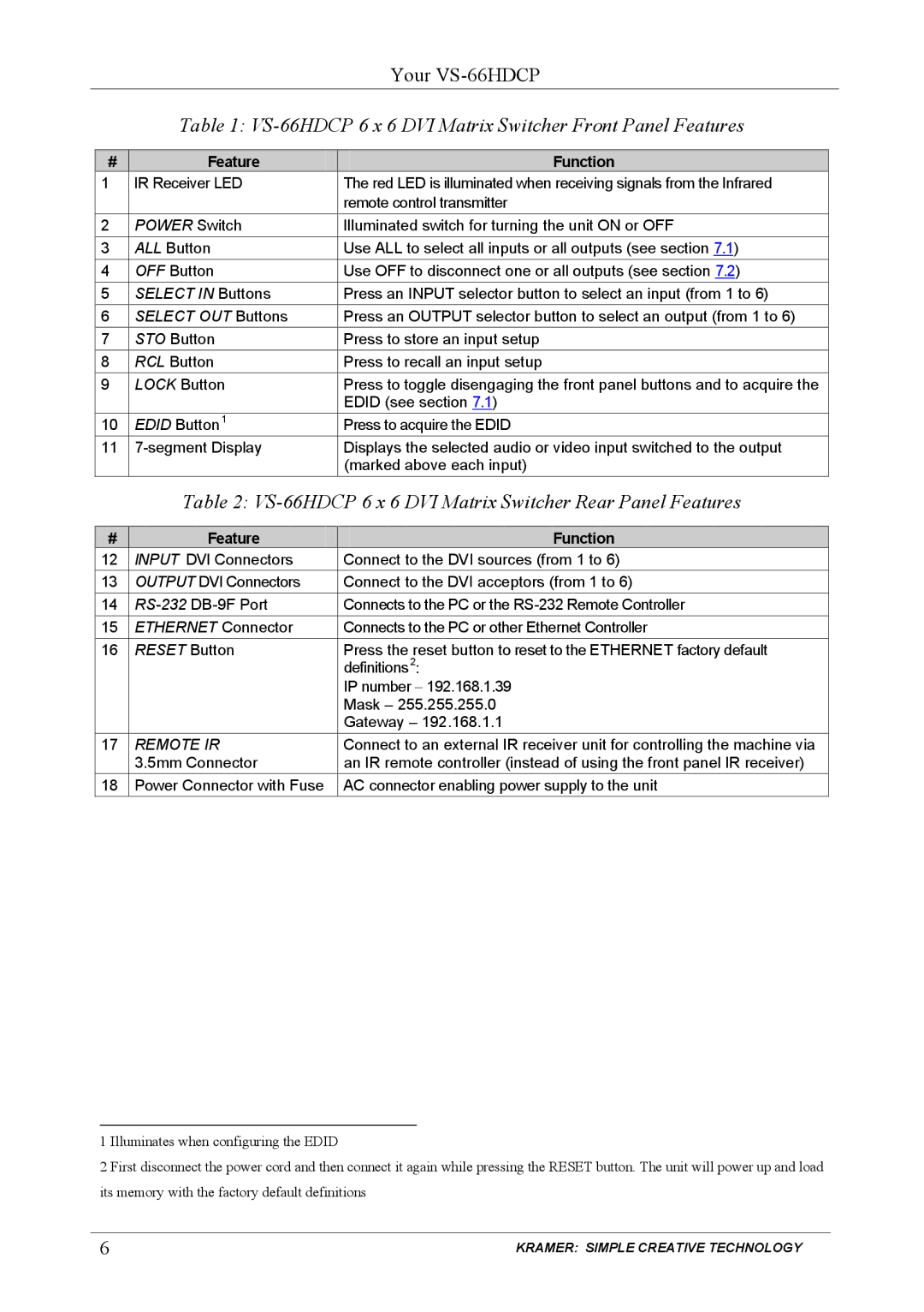 Kramer Electronics VS-66hdcp user manual VS-66HDCP 6 x 6 DVI Matrix Switcher Front Panel Features 