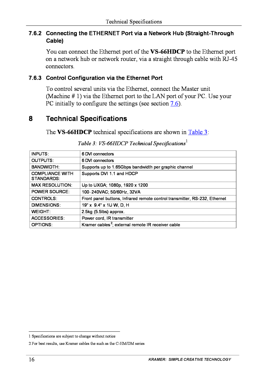Kramer Electronics VS-66hdcp user manual Technical Specifications 
