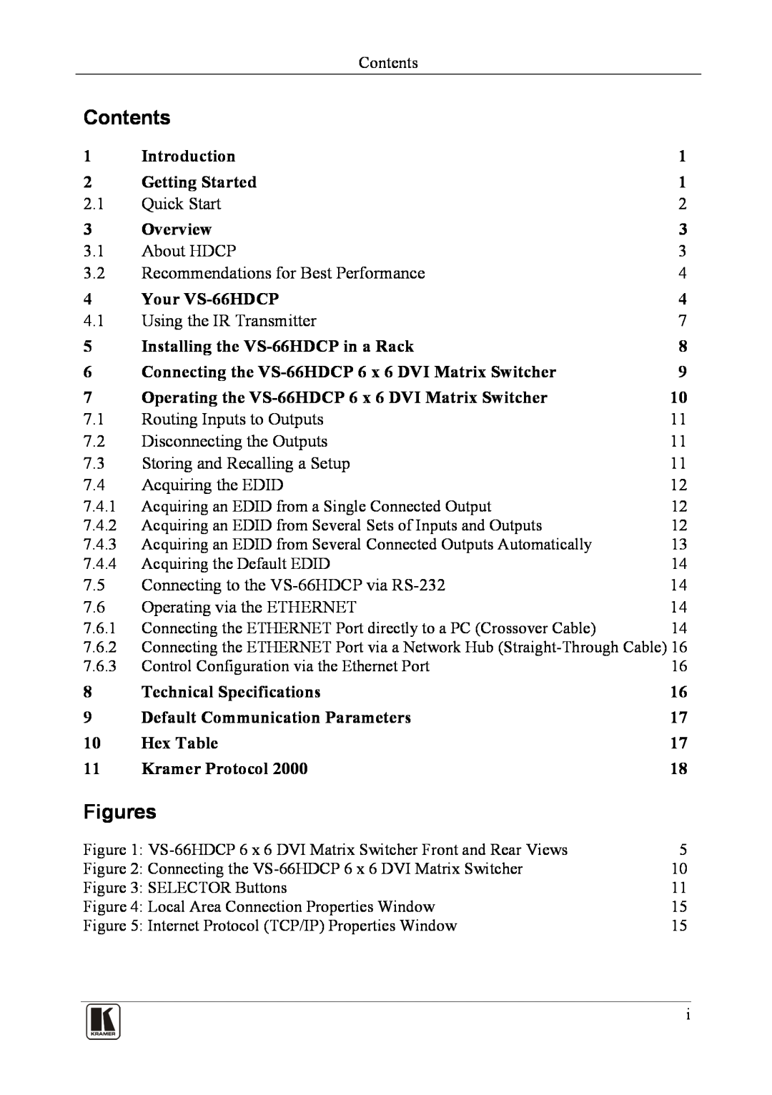 Kramer Electronics VS-66hdcp user manual Contents, Figures 