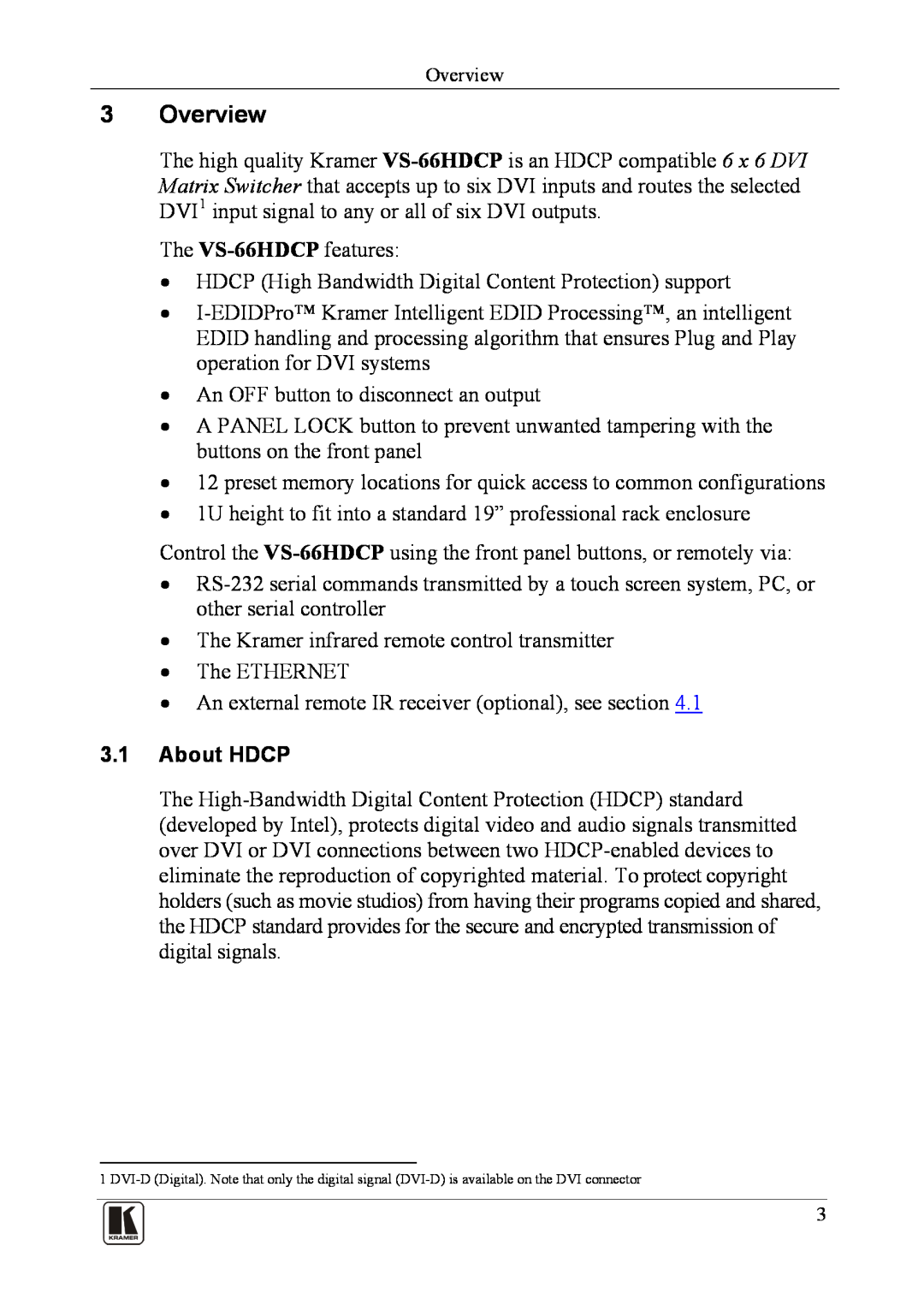Kramer Electronics VS-66hdcp user manual Overview, About HDCP 