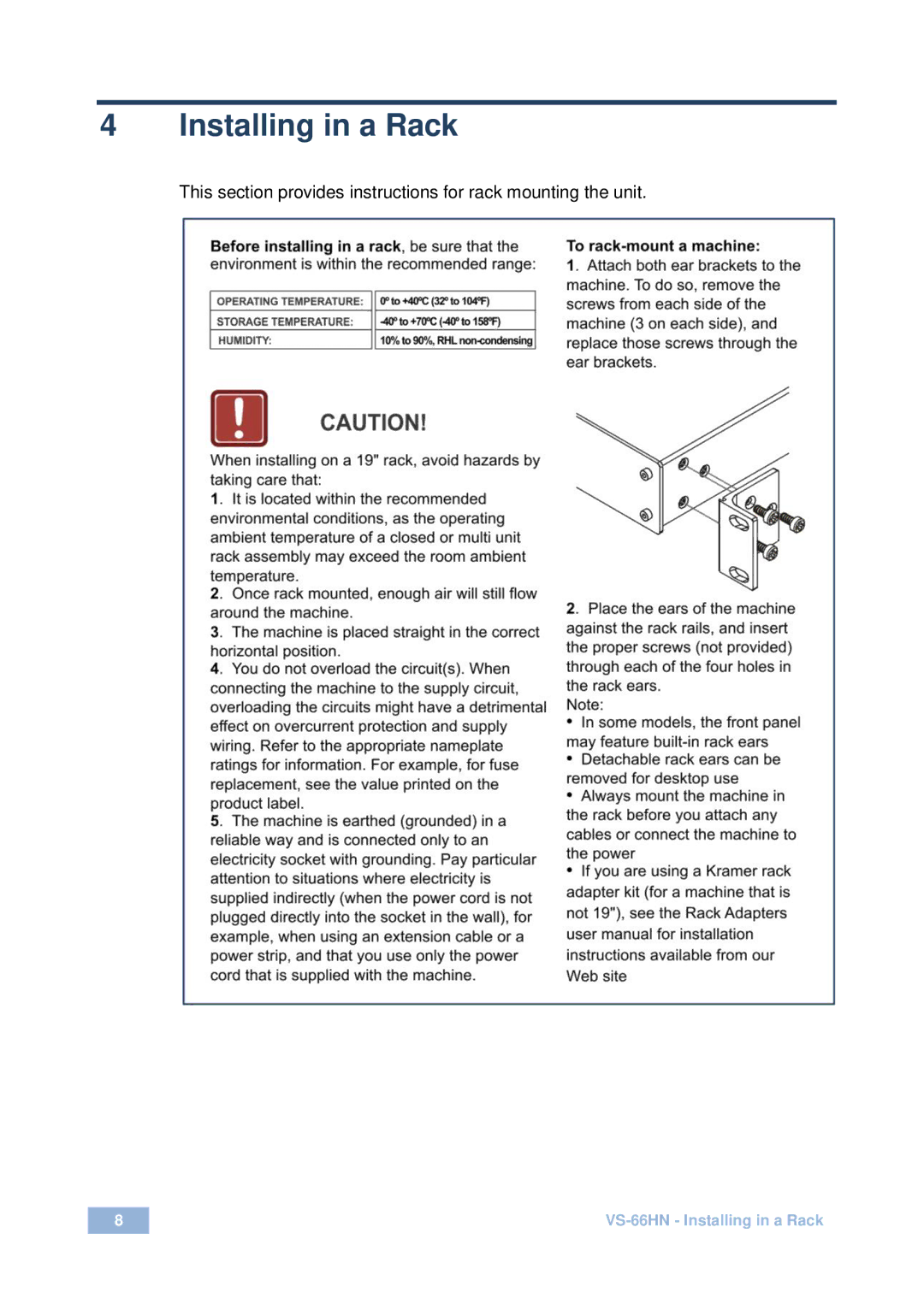 Kramer Electronics VS-66HN user manual Installing in a Rack 