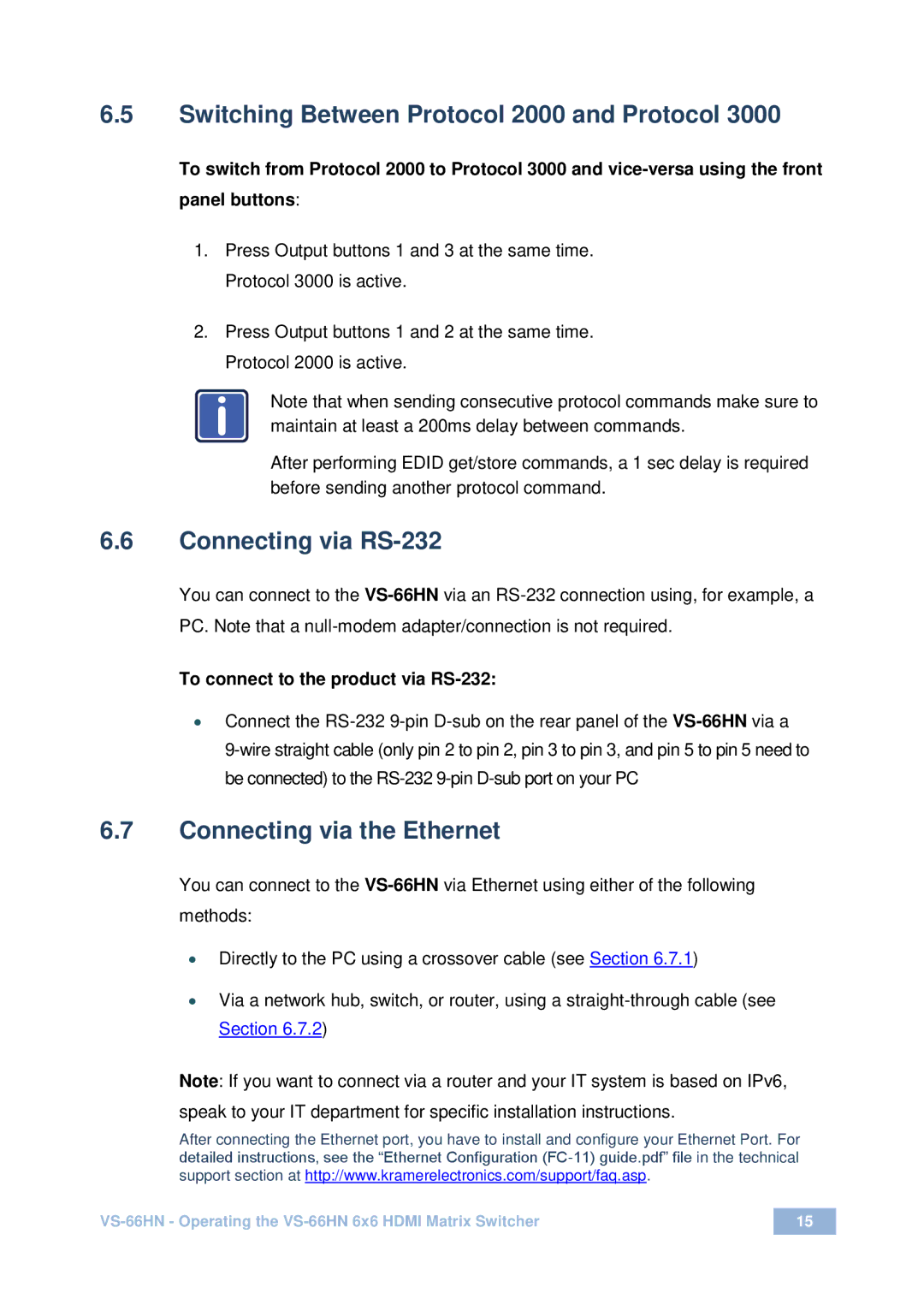 Kramer Electronics VS-66HN user manual Switching Between Protocol 2000 and Protocol, Connecting via RS-232 