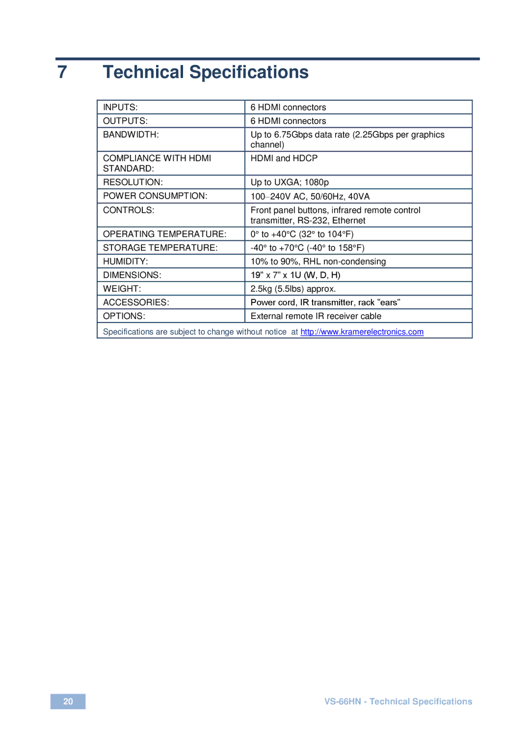 Kramer Electronics VS-66HN user manual Technical Specifications 