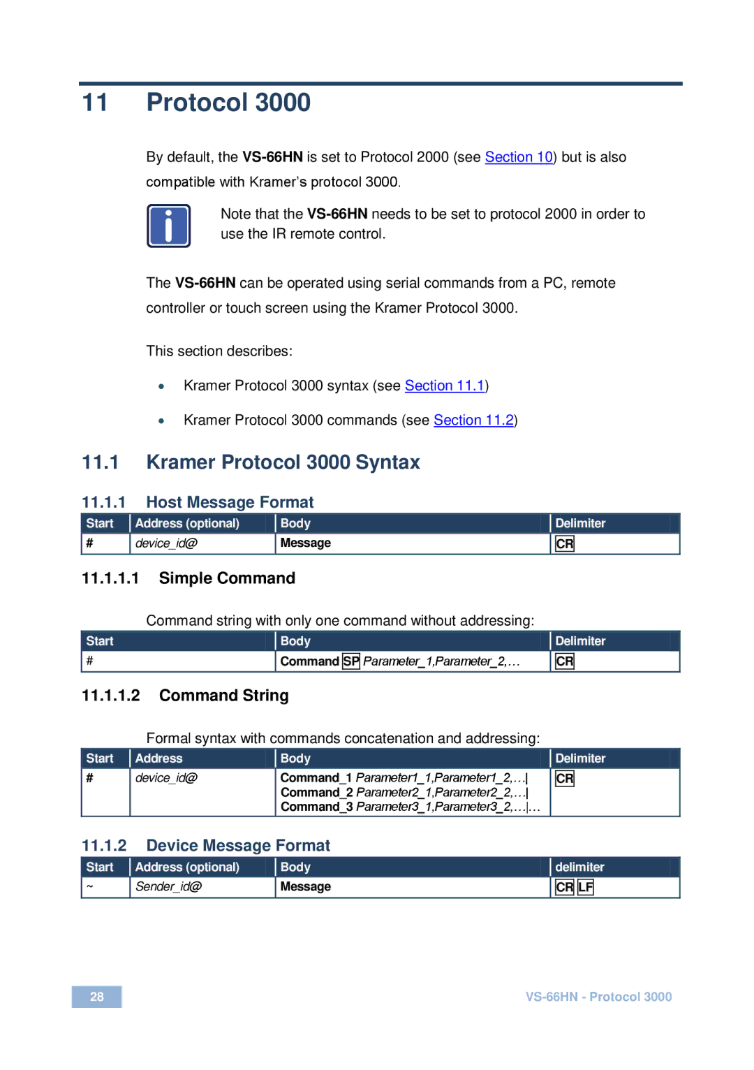 Kramer Electronics VS-66HN user manual Kramer Protocol 3000 Syntax, Host Message Format, Device Message Format 