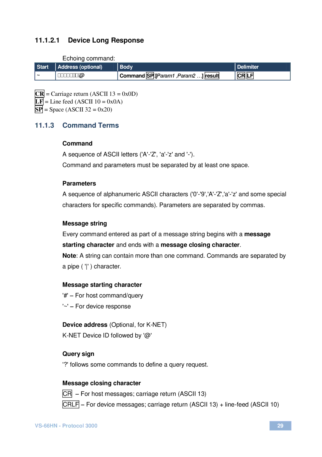 Kramer Electronics VS-66HN user manual Device Long Response, Command Terms 