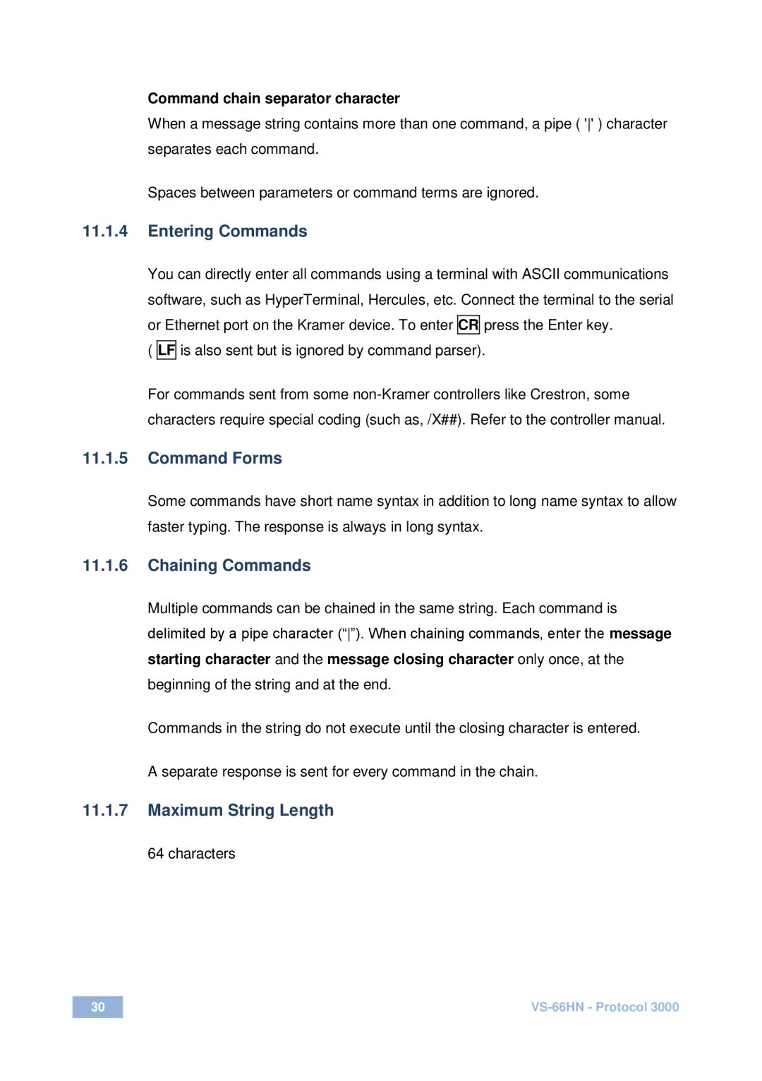 Kramer Electronics VS-66HN user manual Entering Commands, Command Forms, Chaining Commands, Maximum String Length 