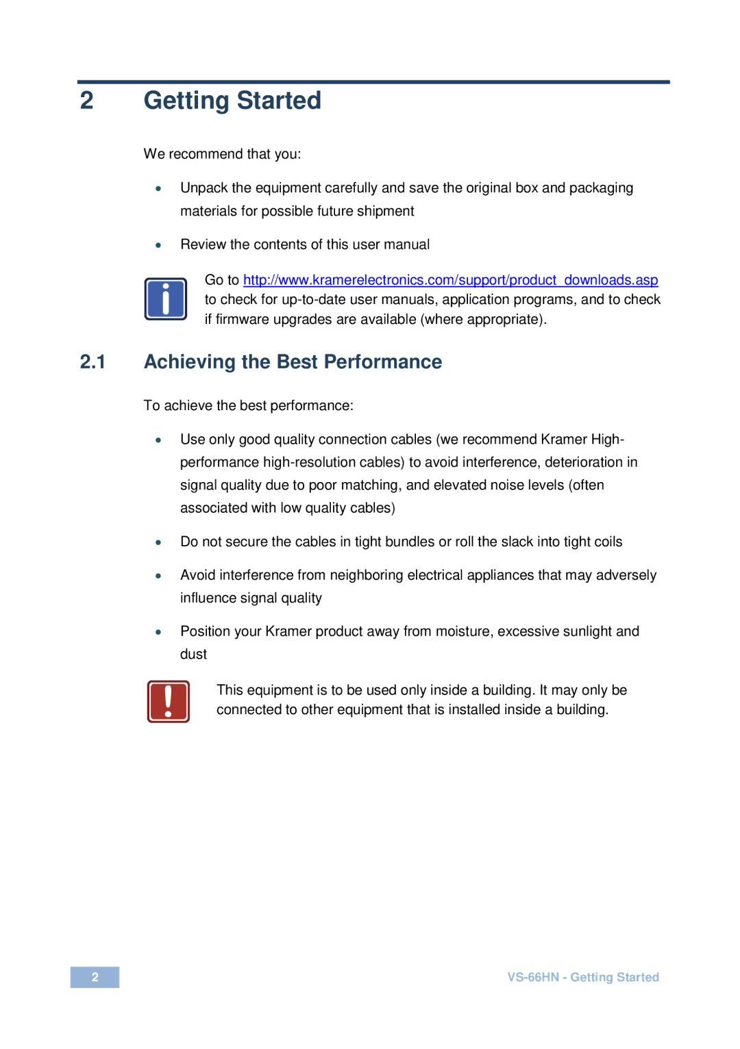 Kramer Electronics VS-66HN user manual Getting Started, Achieving the Best Performance 