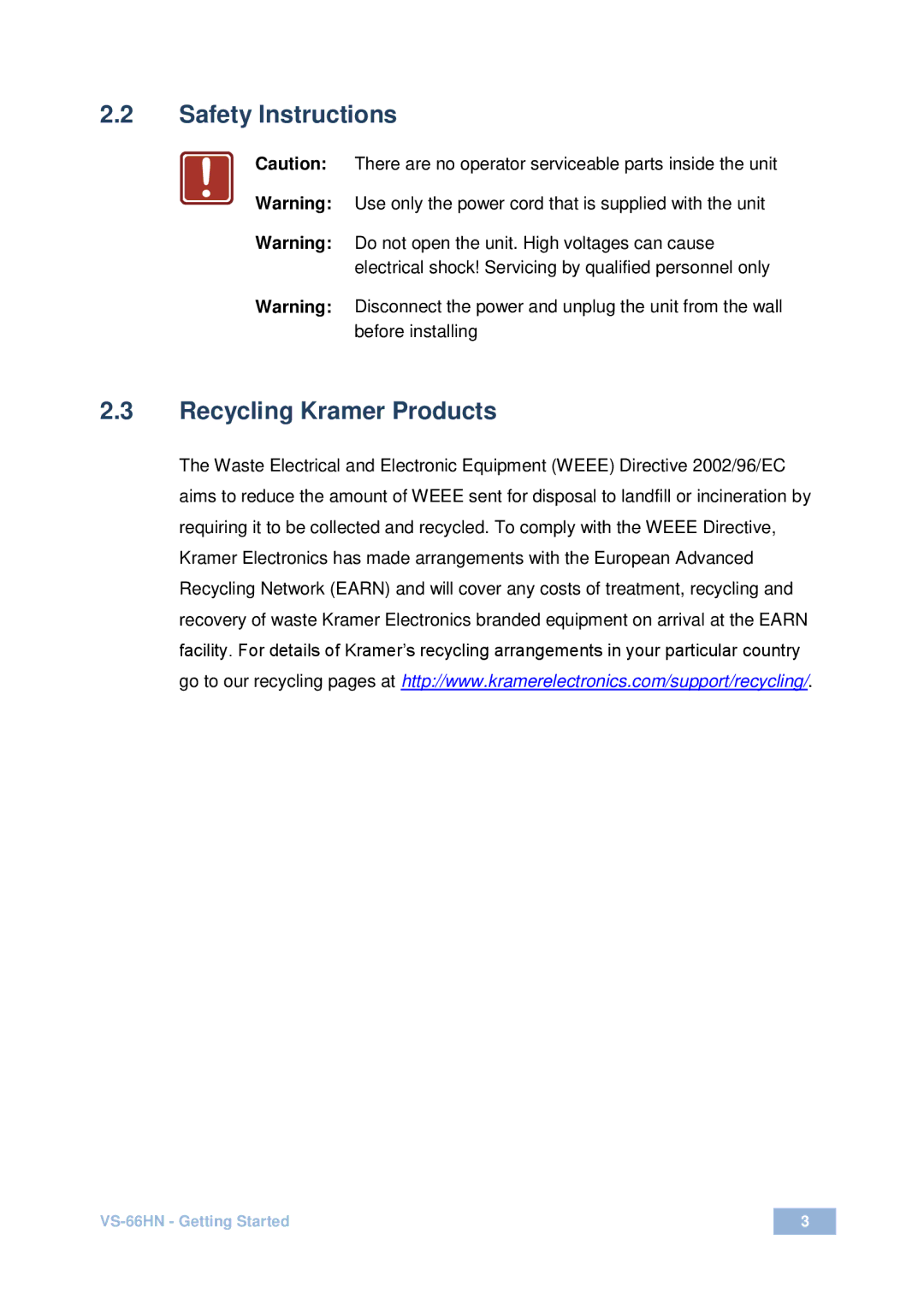 Kramer Electronics VS-66HN user manual Safety Instructions Recycling Kramer Products 