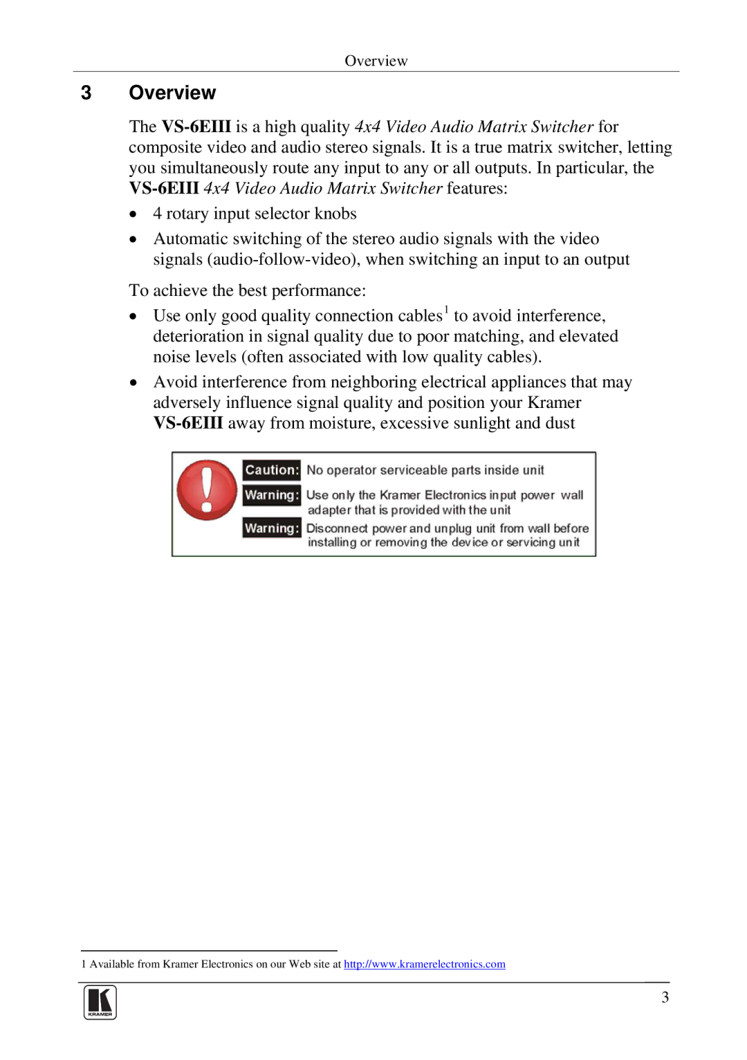 Kramer Electronics VS-6EIII user manual Overview 