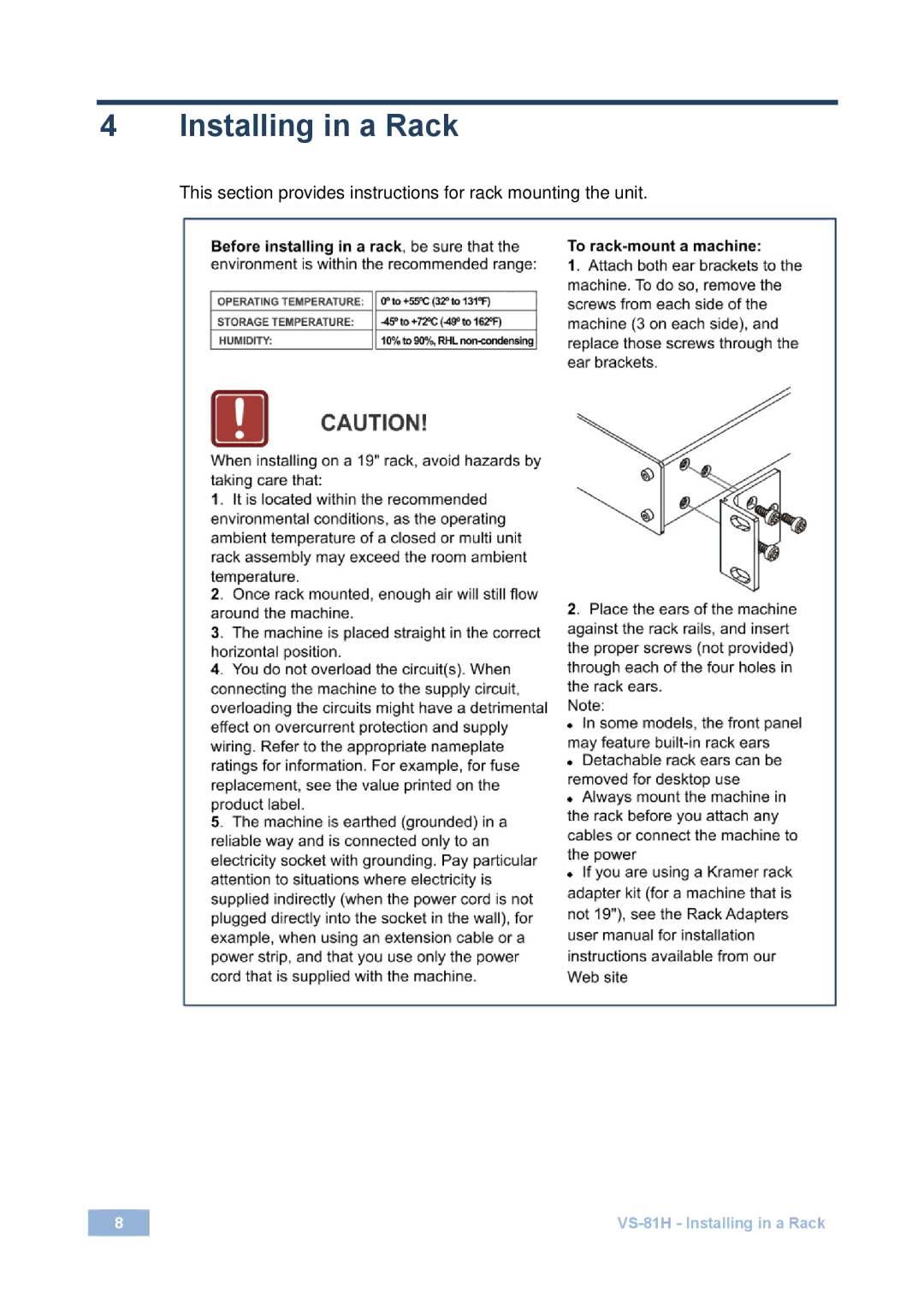 Kramer Electronics VS-81H user manual Installing in a Rack 