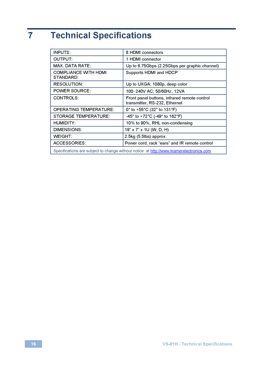 Kramer Electronics VS-81H user manual Technical Specifications 