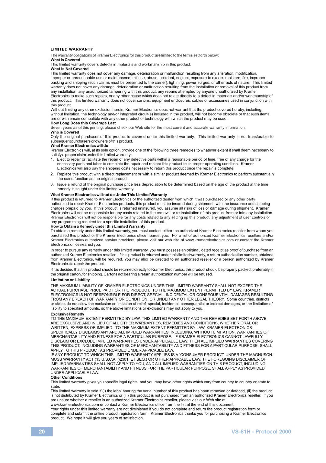 Kramer Electronics user manual VS-81H Protocol 