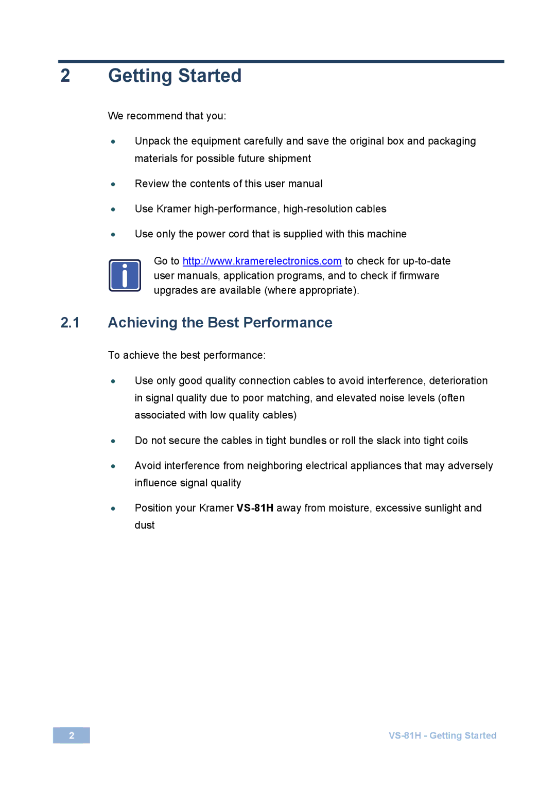 Kramer Electronics VS-81H user manual Getting Started, Achieving the Best Performance 