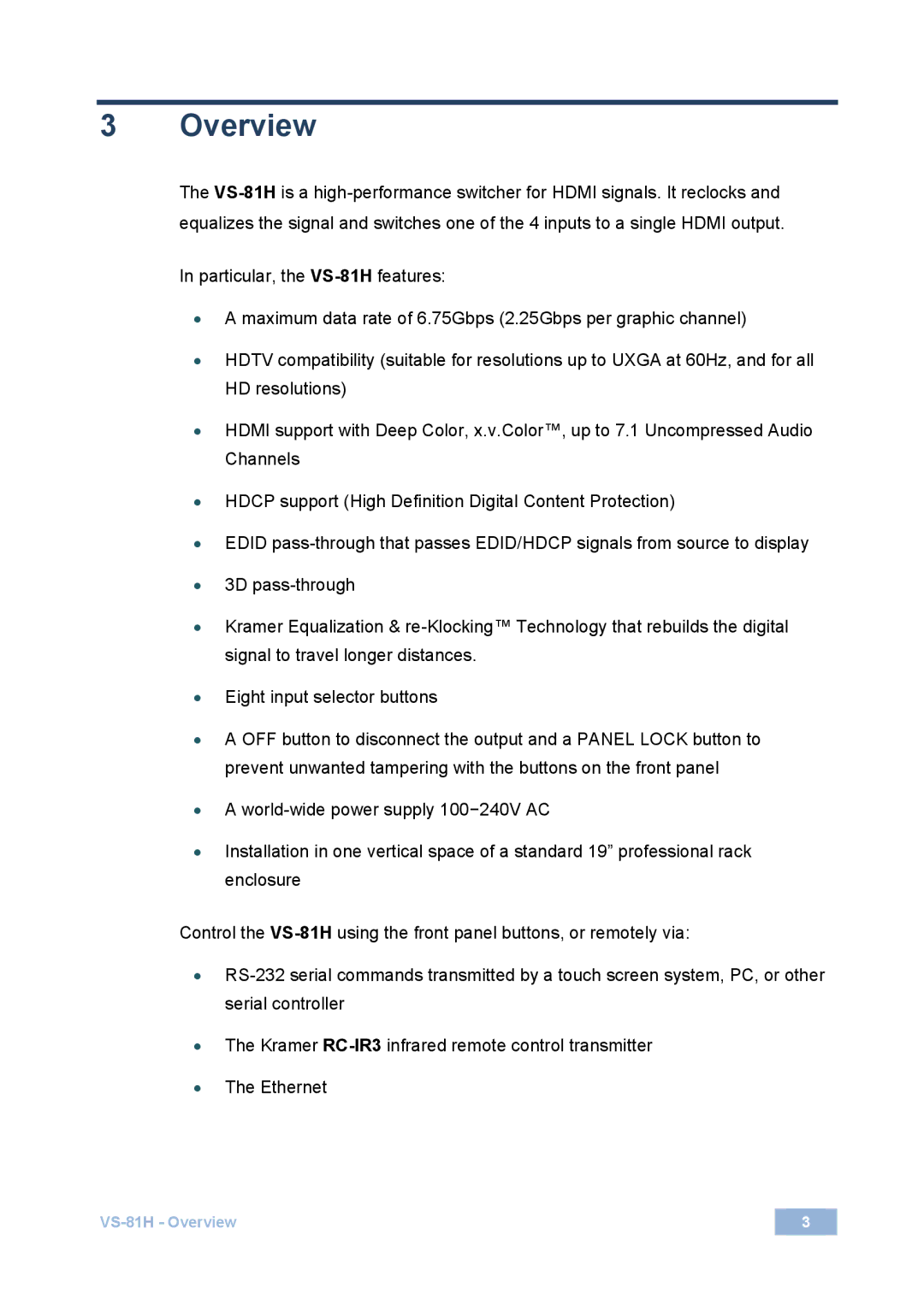 Kramer Electronics VS-81H user manual Overview 