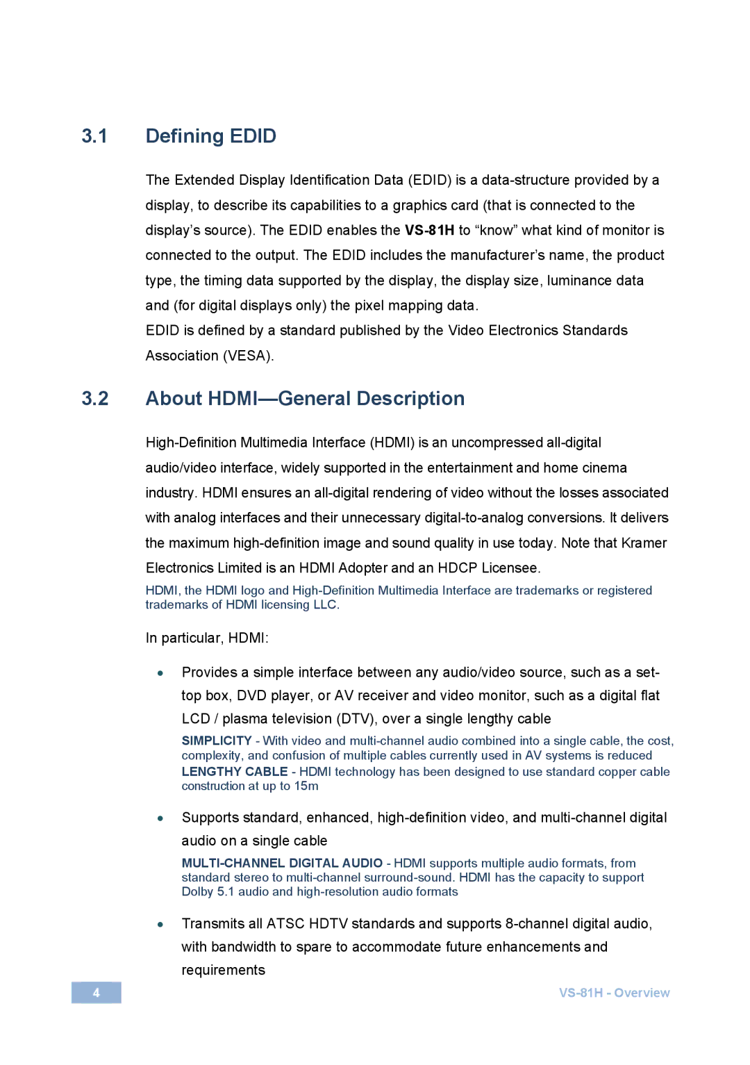 Kramer Electronics VS-81H user manual Defining Edid, About HDMI-General Description 