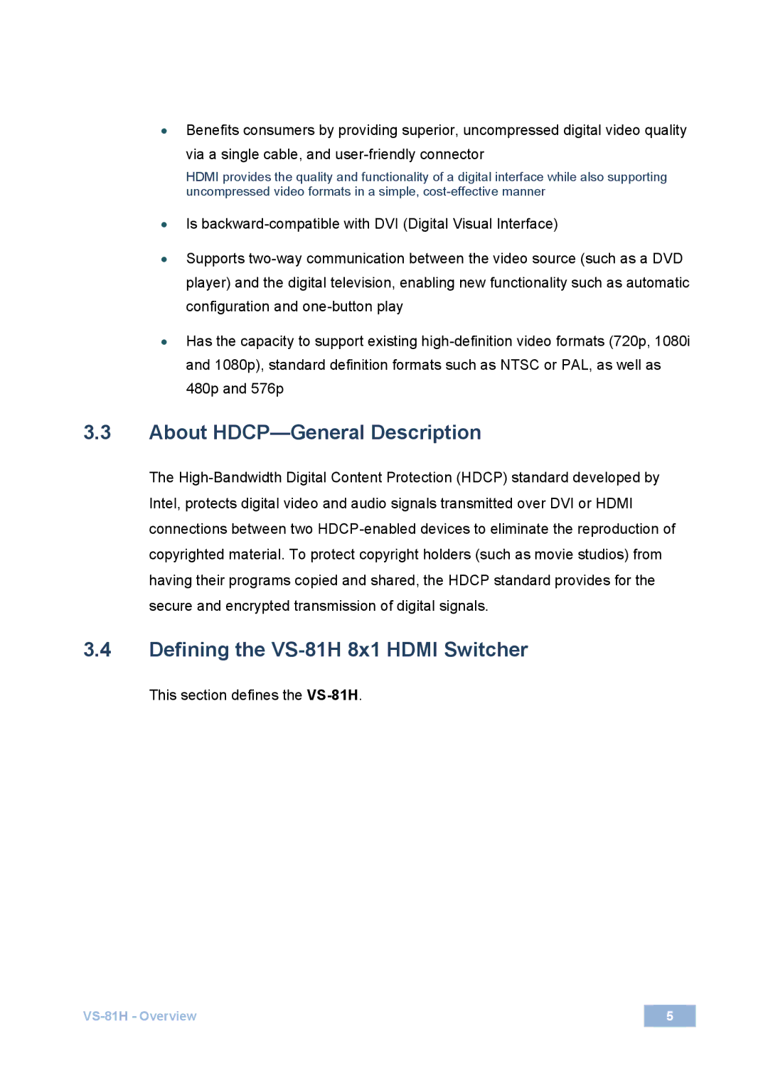 Kramer Electronics user manual About HDCP-General Description, Defining the VS-81H 8x1 Hdmi Switcher 