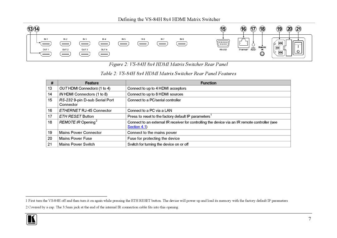 Kramer Electronics VS-84H user manual ETH Reset Button 