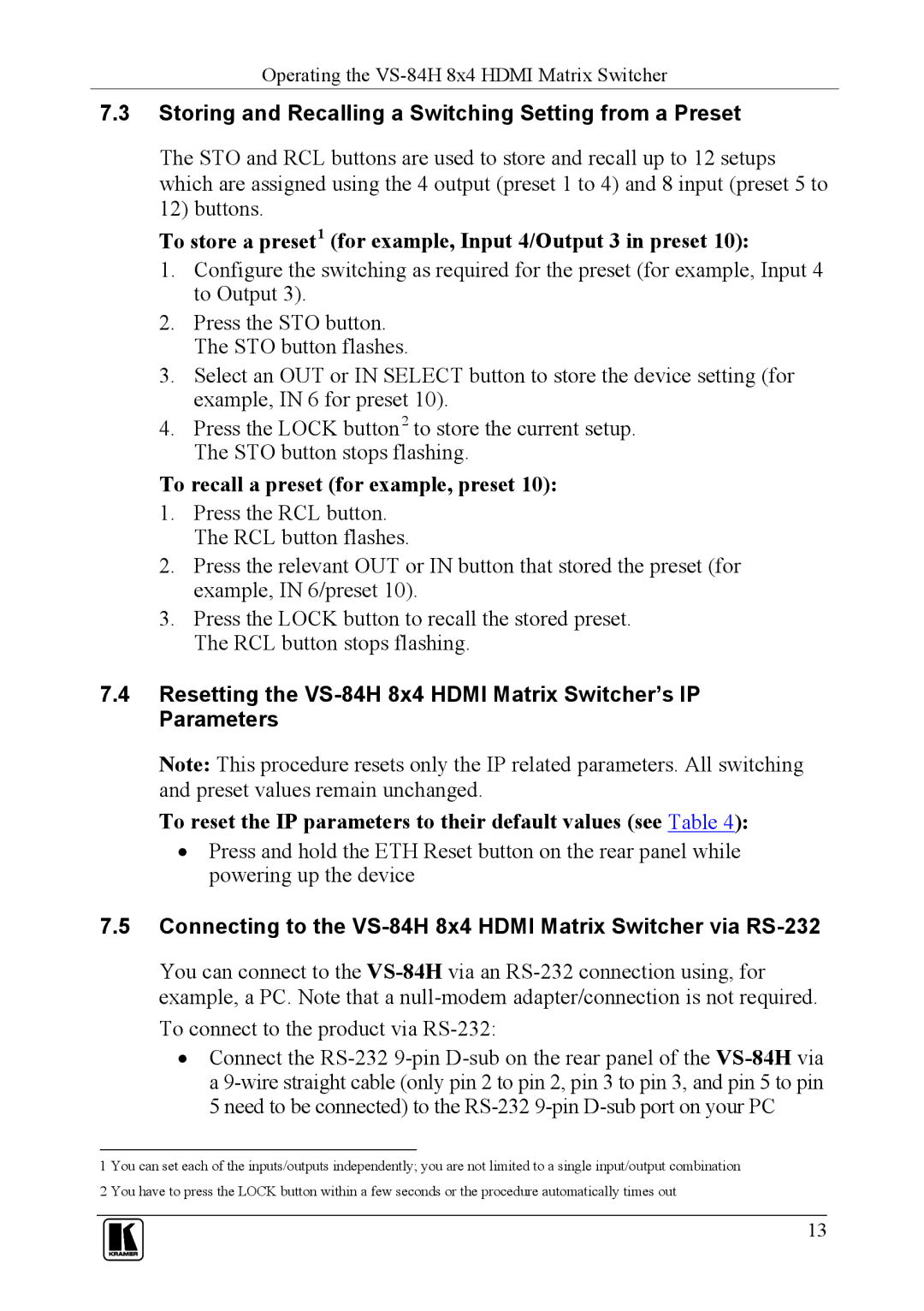 Kramer Electronics VS-84H user manual Storing and Recalling a Switching Setting from a Preset 