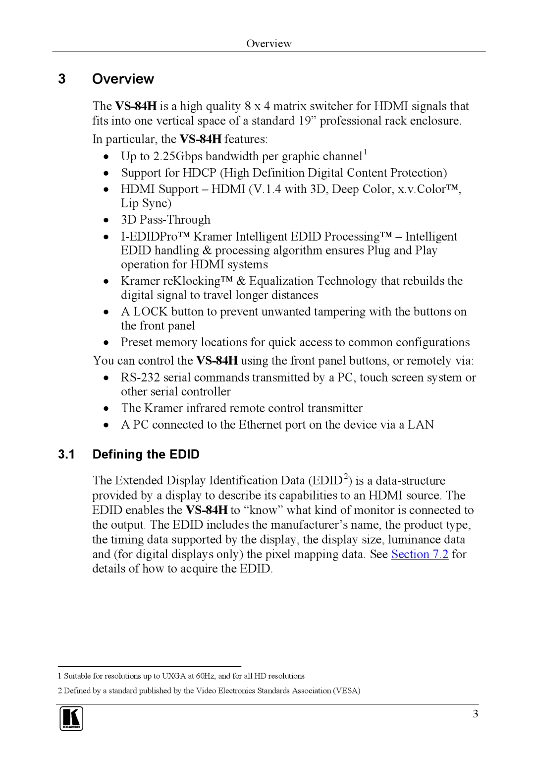 Kramer Electronics VS-84H user manual Overview, Defining the Edid 