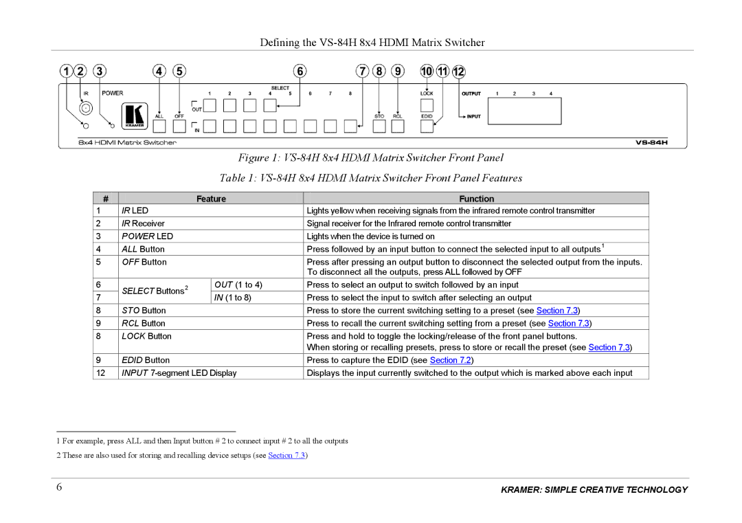 Kramer Electronics VS-84H user manual Feature Function 