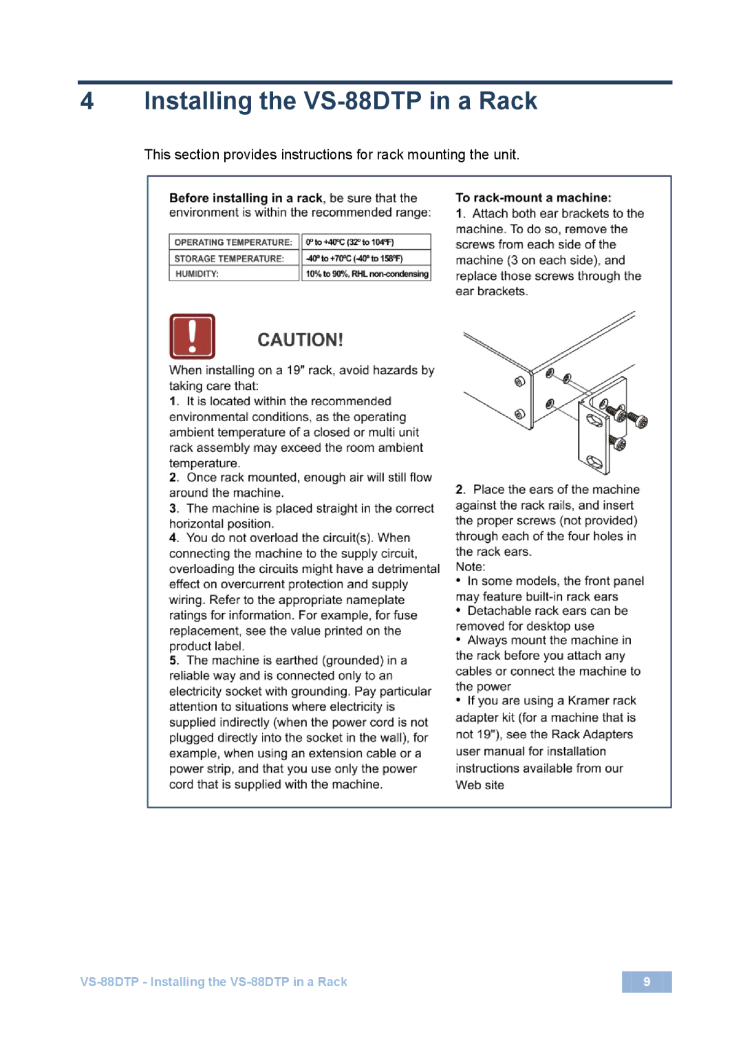 Kramer Electronics user manual Installing the VS-88DTP in a Rack 