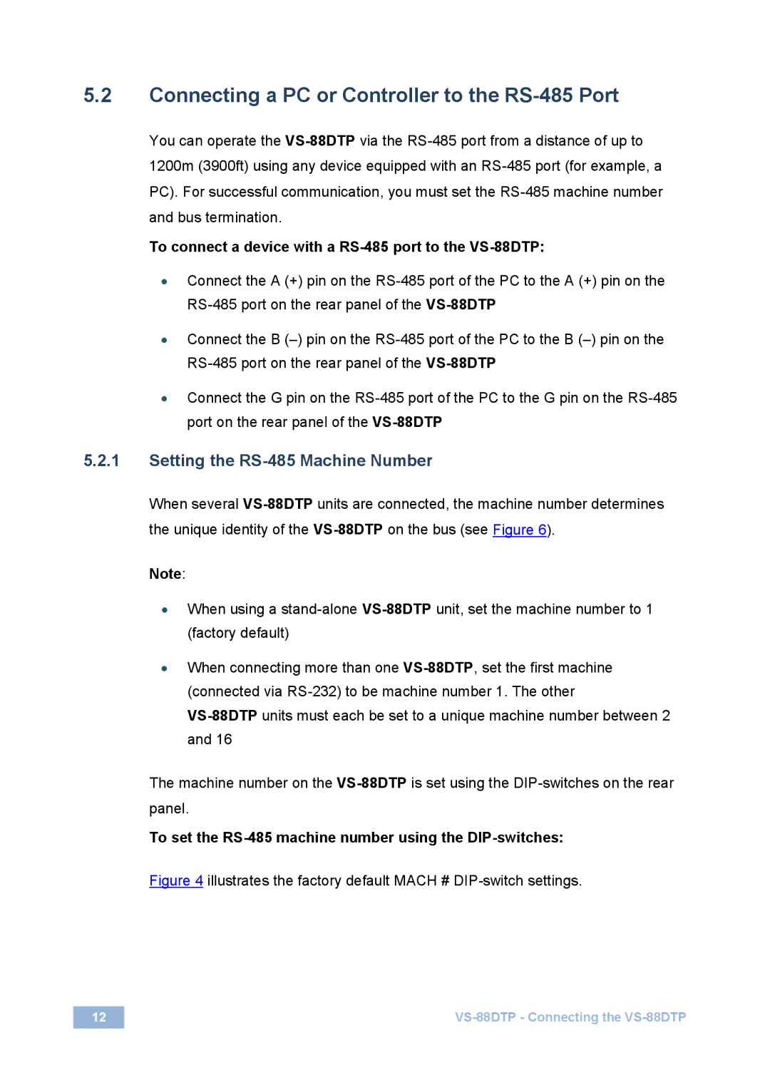 Kramer Electronics VS-88DTP user manual Connecting a PC or Controller to the RS-485 Port, Setting the RS-485 Machine Number 