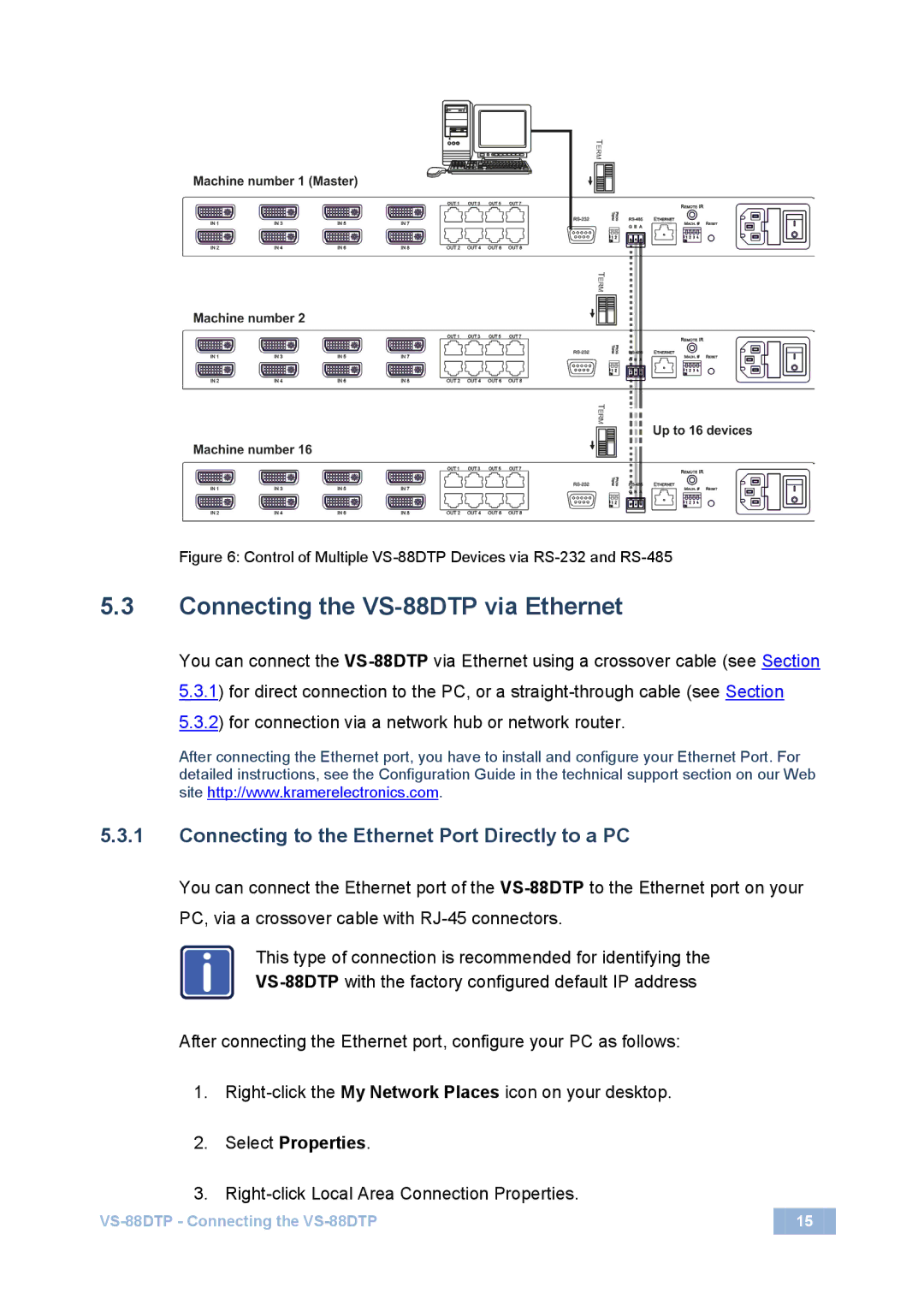 Kramer Electronics user manual Connecting the VS-88DTP via Ethernet, Connecting to the Ethernet Port Directly to a PC 