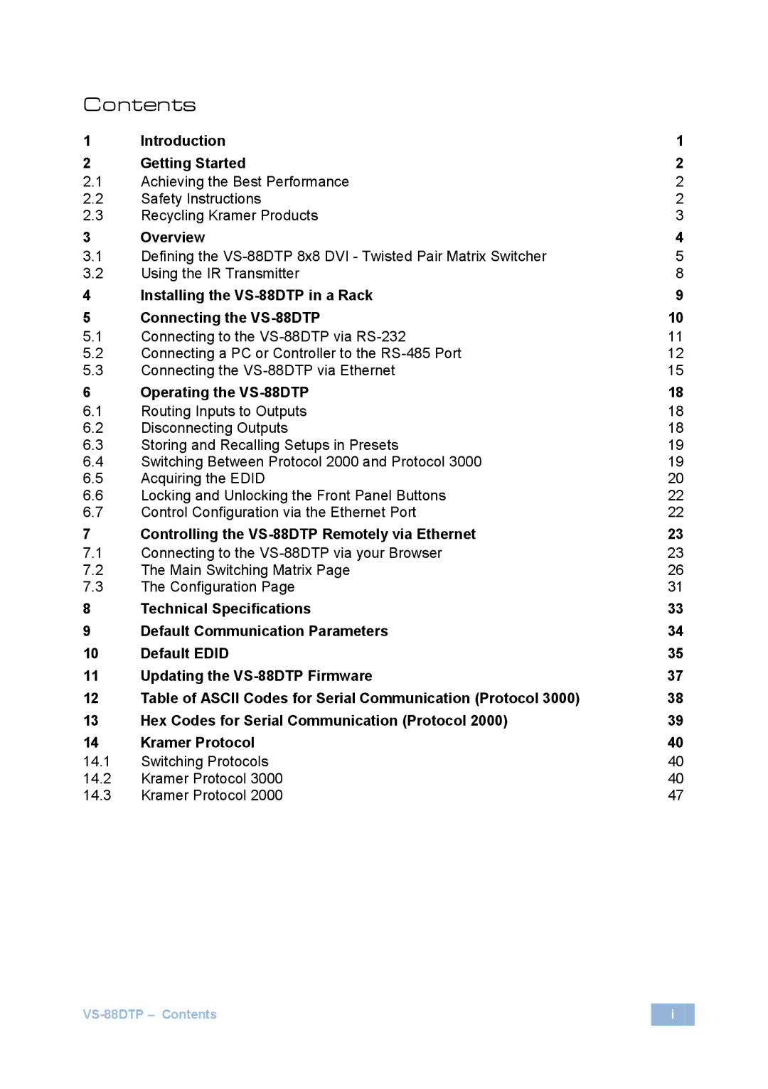 Kramer Electronics VS-88DTP user manual Contents 