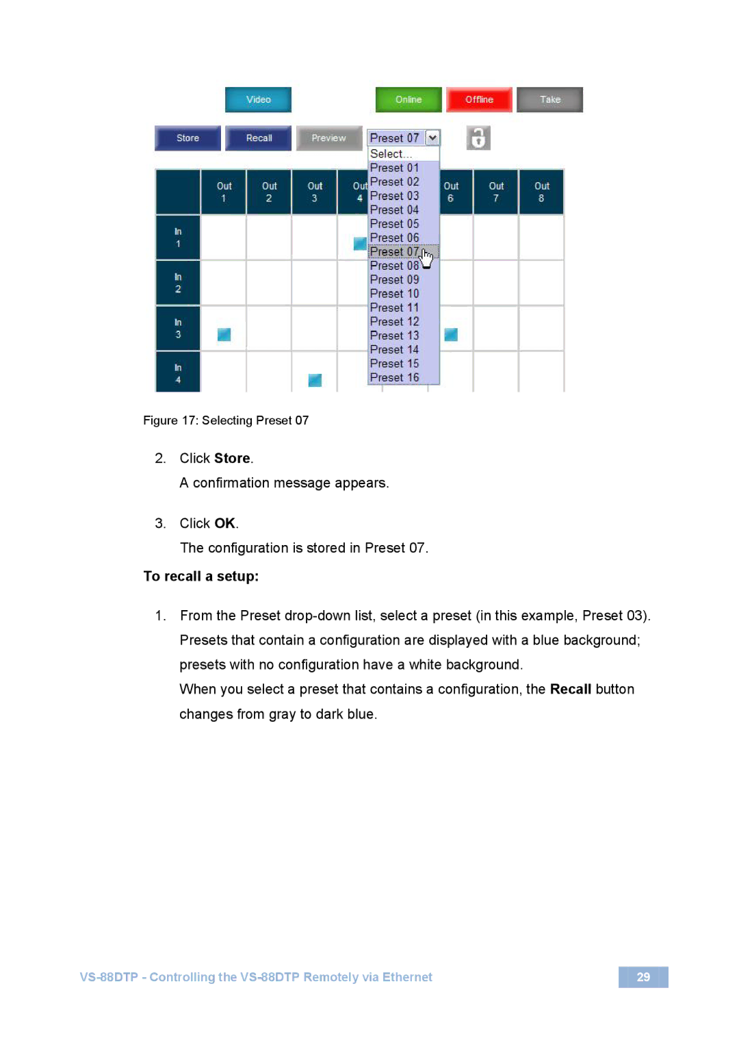 Kramer Electronics VS-88DTP user manual Selecting Preset 