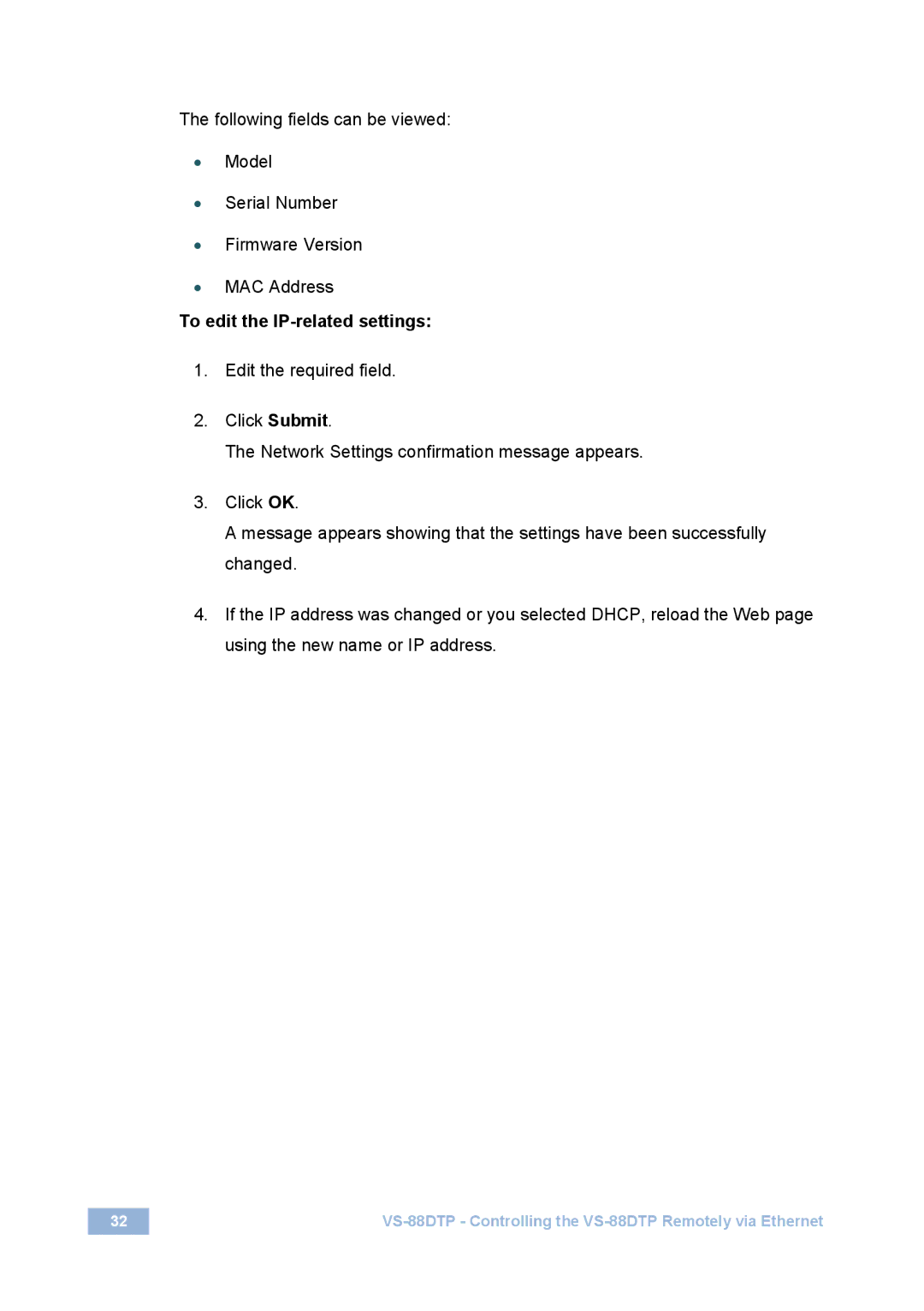 Kramer Electronics VS-88DTP user manual To edit the IP-related settings 