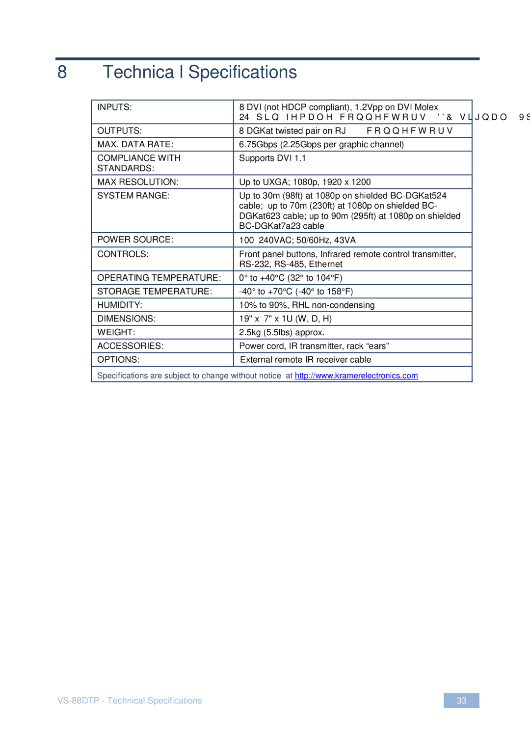 Kramer Electronics VS-88DTP user manual Technical Specifications, System Range 